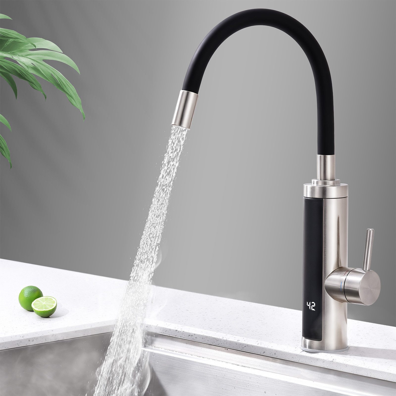 HOMELODY Küchenarmatur mit durchlauferhitzer,Spültischarmatur küche,küchenarmatur edelstahl Sofort warmes Wasser · flexibel beweglicher Auslauf · Schwarz