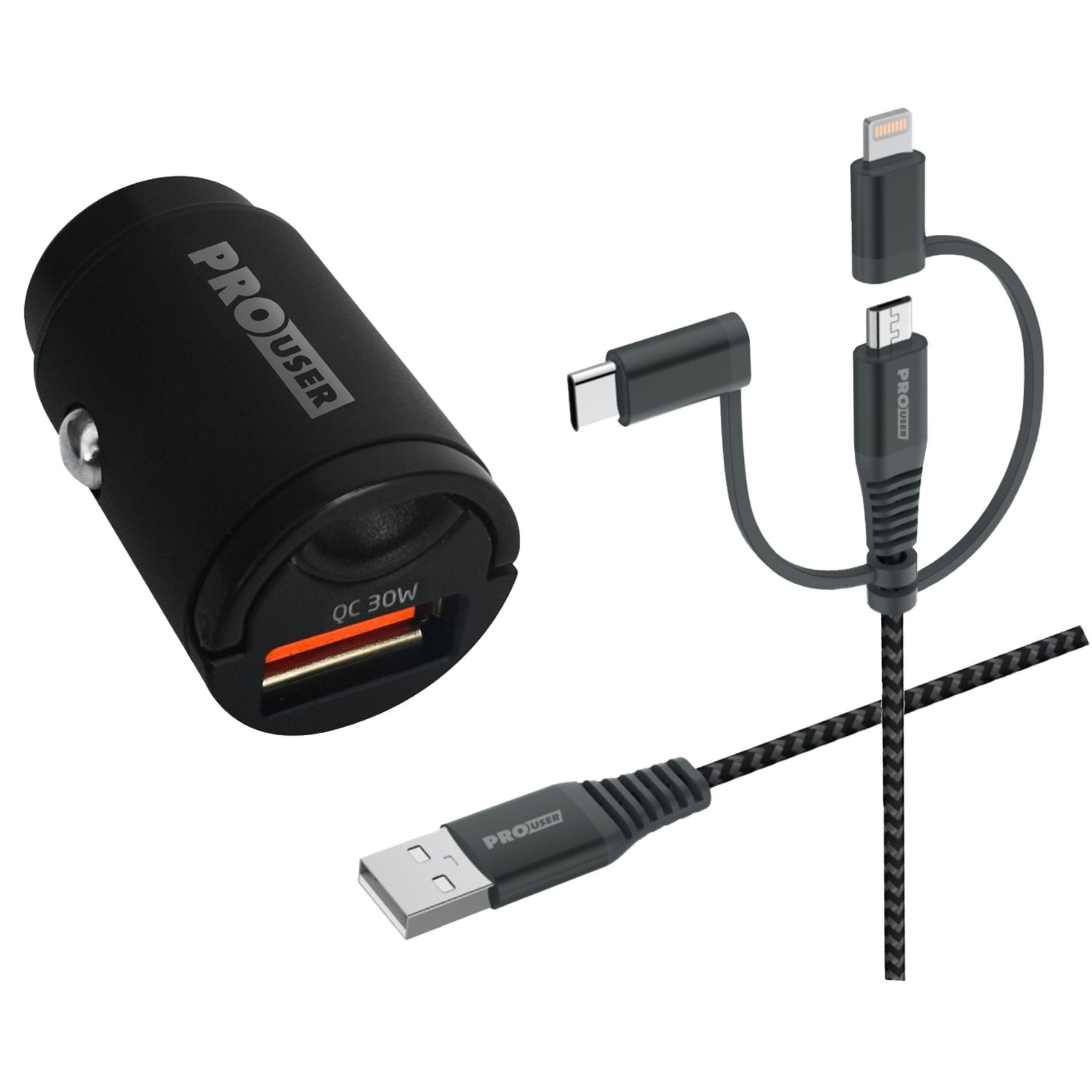 PROUSER PROUSER KFZ USB-Lader-Set 20176, QC, extra klein, 3in1 USB-Kabel KFZ-Adapter