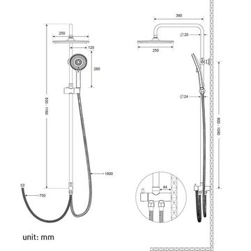 Rainsworth Duschsystem Ohne Thermostat, 3 Strahlart(en), Duschgarnitur mit Umsteller, 3 Strahlarten Handbrause, Chrom