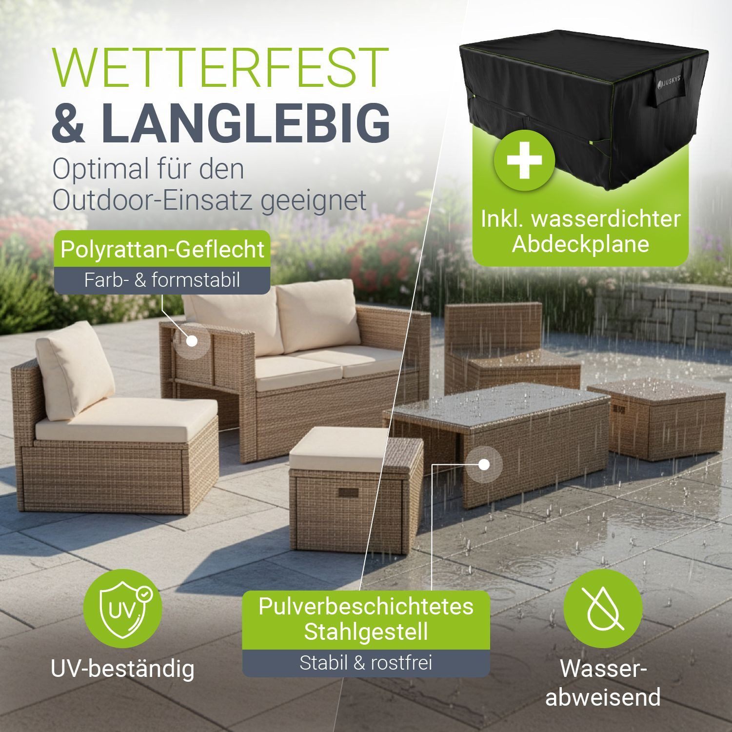 Juskys Gartenlounge-Set Salou, (6-tlg), für 6 Personen, Polyrattan, Glasplatte, mit Kissen & Abdeckung