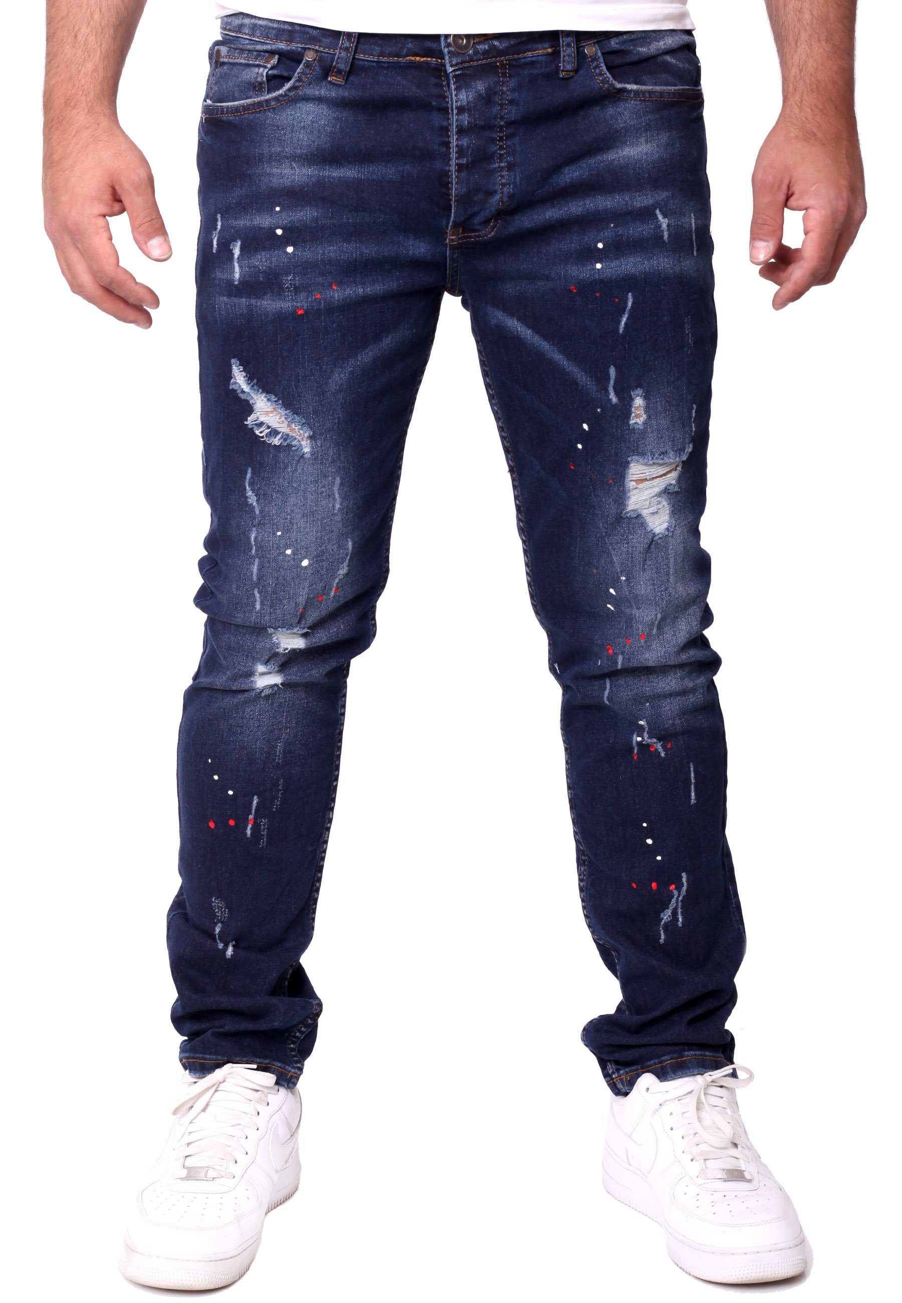Jeanshose Jeans dunkelblau Reslad Stretch Jeanshose Reslad Slim Color-Splashes Destroyed Fit Destroyed-Jeans Männer-Hose Herren Denim Destroyed