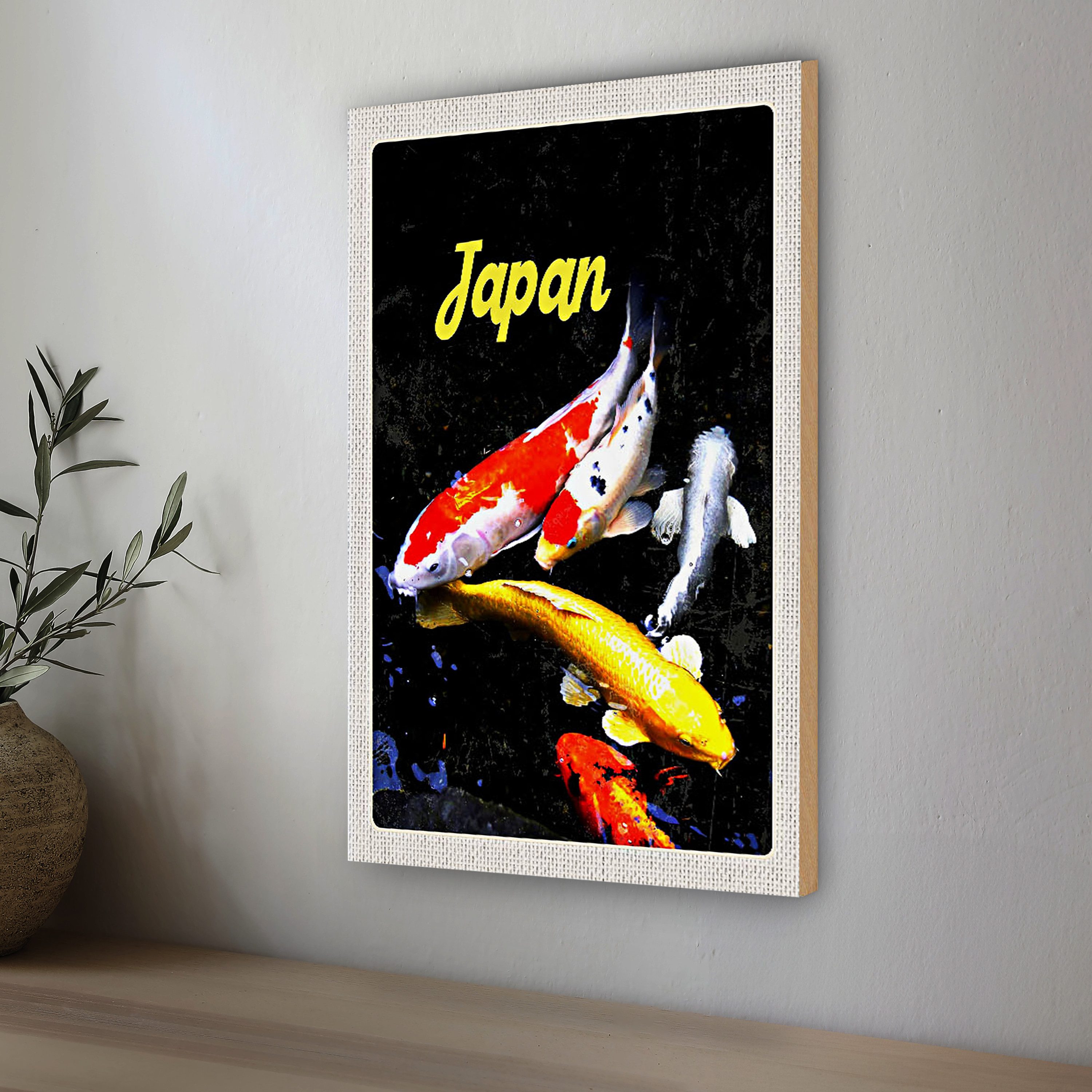 Roomando Holzbild Reise 12x18cm Japan Asien Koi Fische rot gold weiß