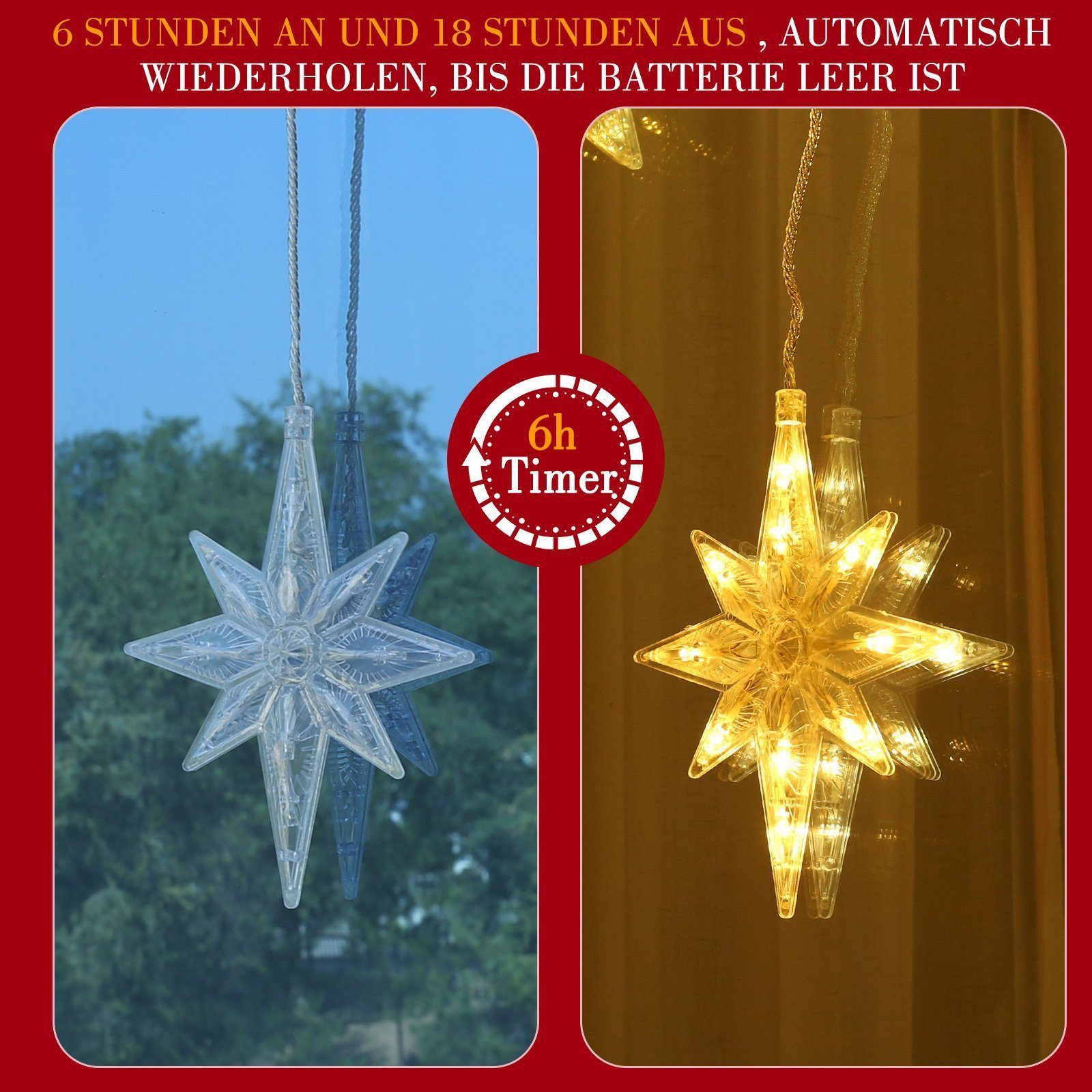 Quntis LED-Lichterkette 0.3/0.6M Led weihnachtsdeko fenster, weihnachtsstern mit haken, Weihnachtsdeko mit Memory Funktion für Weihnachten Fensterbilder Deko – Bild 4 von 5