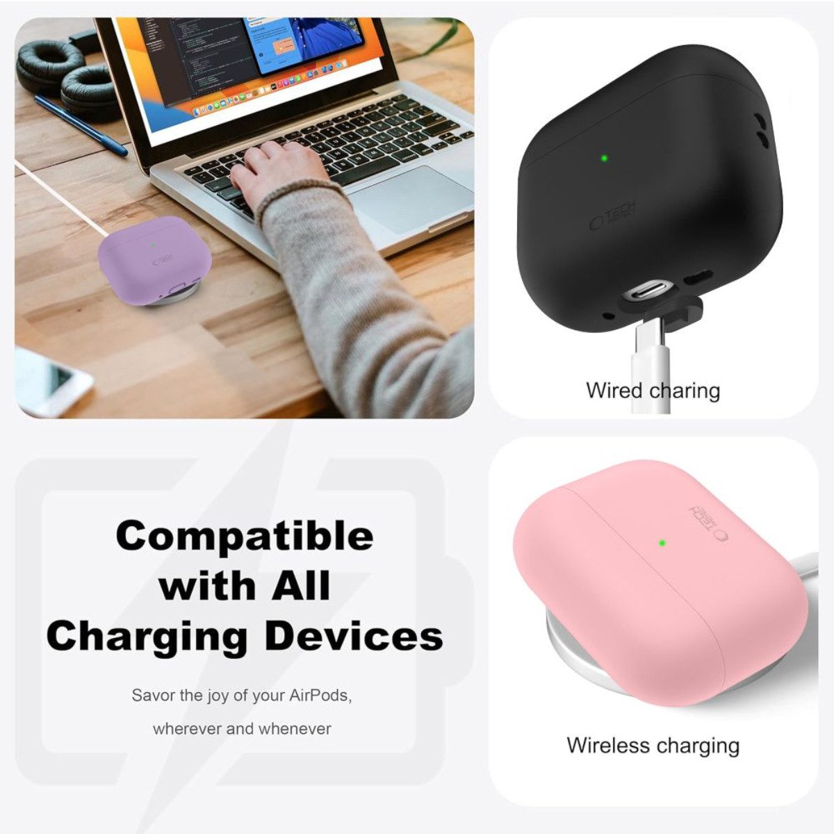 TECH PROTECT Kopfhörer-Schutzhülle Silikonhülle für AirPods Pro 3, Passgenauer Rundumschutz für das Ladecase – Bild 4 von 5
