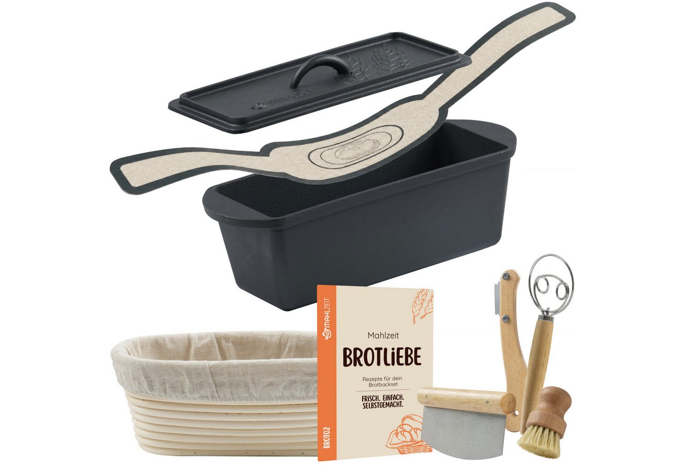 Mahlzeit Topf-Set Gusseisen Brottopf Set pre-seasoned, 3,2 Liter, mit Gärkörbchen, Gusseisen, Thermoresistent bis +450 °C