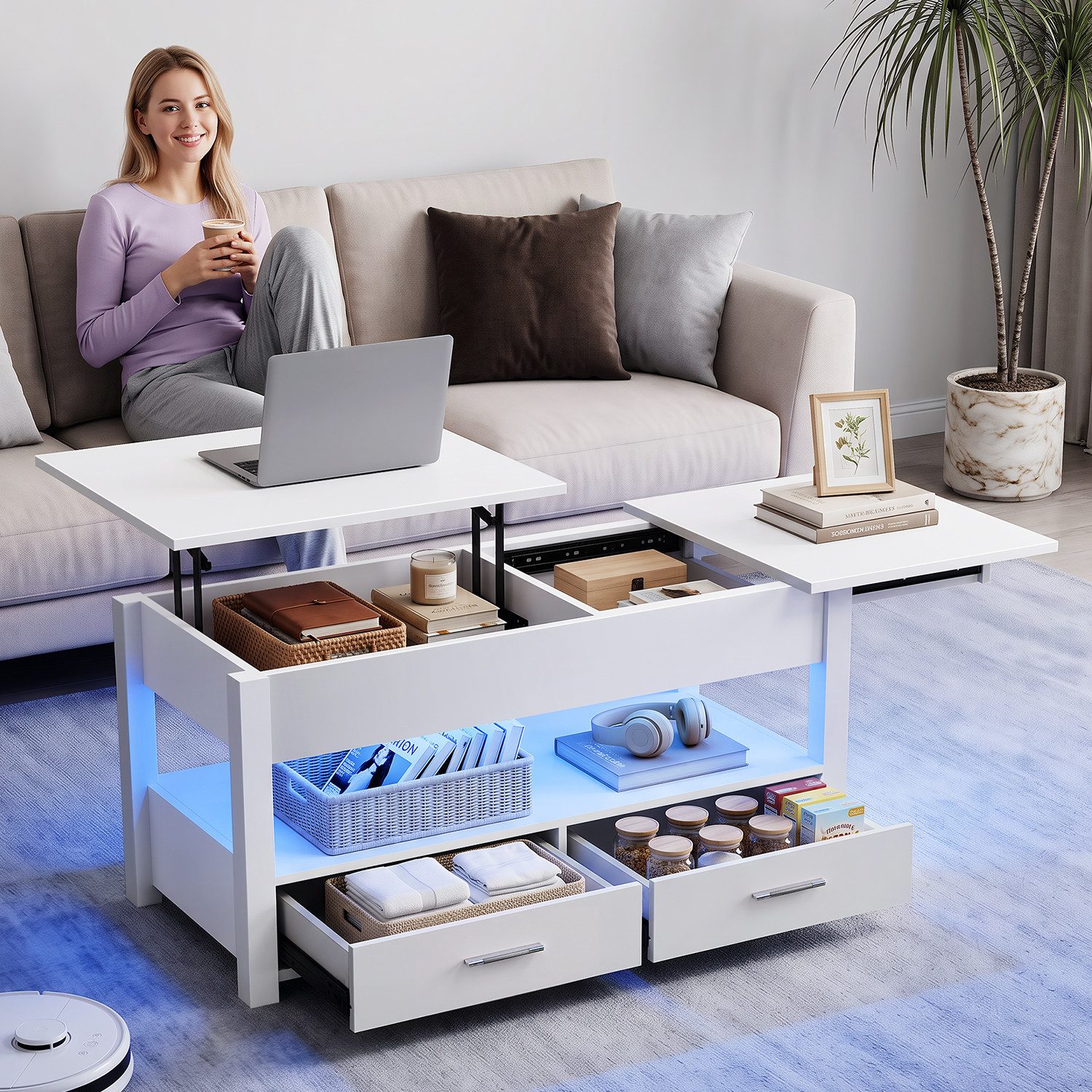 oyajia Couchtisch Wohnzimmertisch mit LED Beleuchtung & Fernsteuerung Beistelltisch (Bluetooth-Fernbedienung,App-Steuerung,100 x 50 x 46cm,mit 2 Schubladen,Farbwechsel-LEDs, offenen Fächern,stabil, pflegeleicht), Teetisch mit ausziehbar Tisch & Stauraum