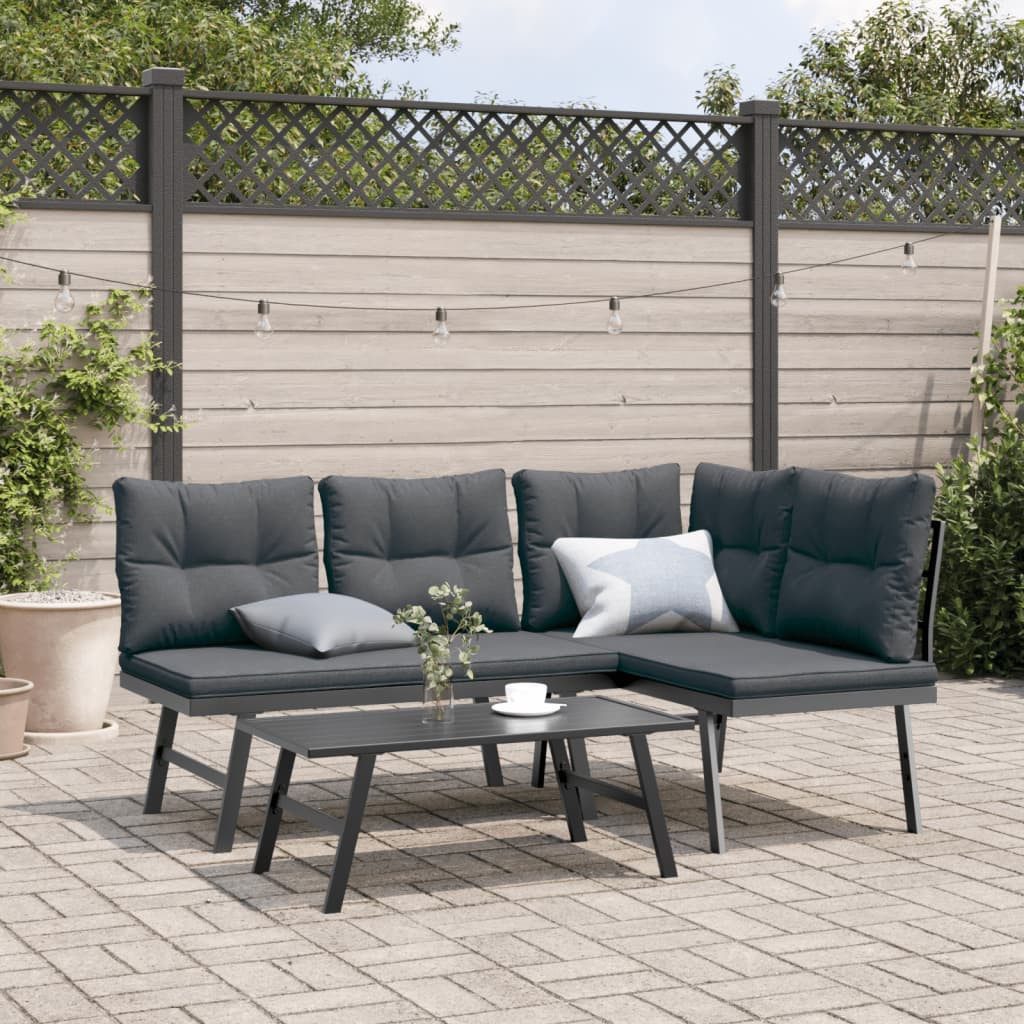 vidaXL Gartenbank Gartenbänke mit Kissen 2 Stk. Schwarz Pulverbeschichteter Stahl (2-St)