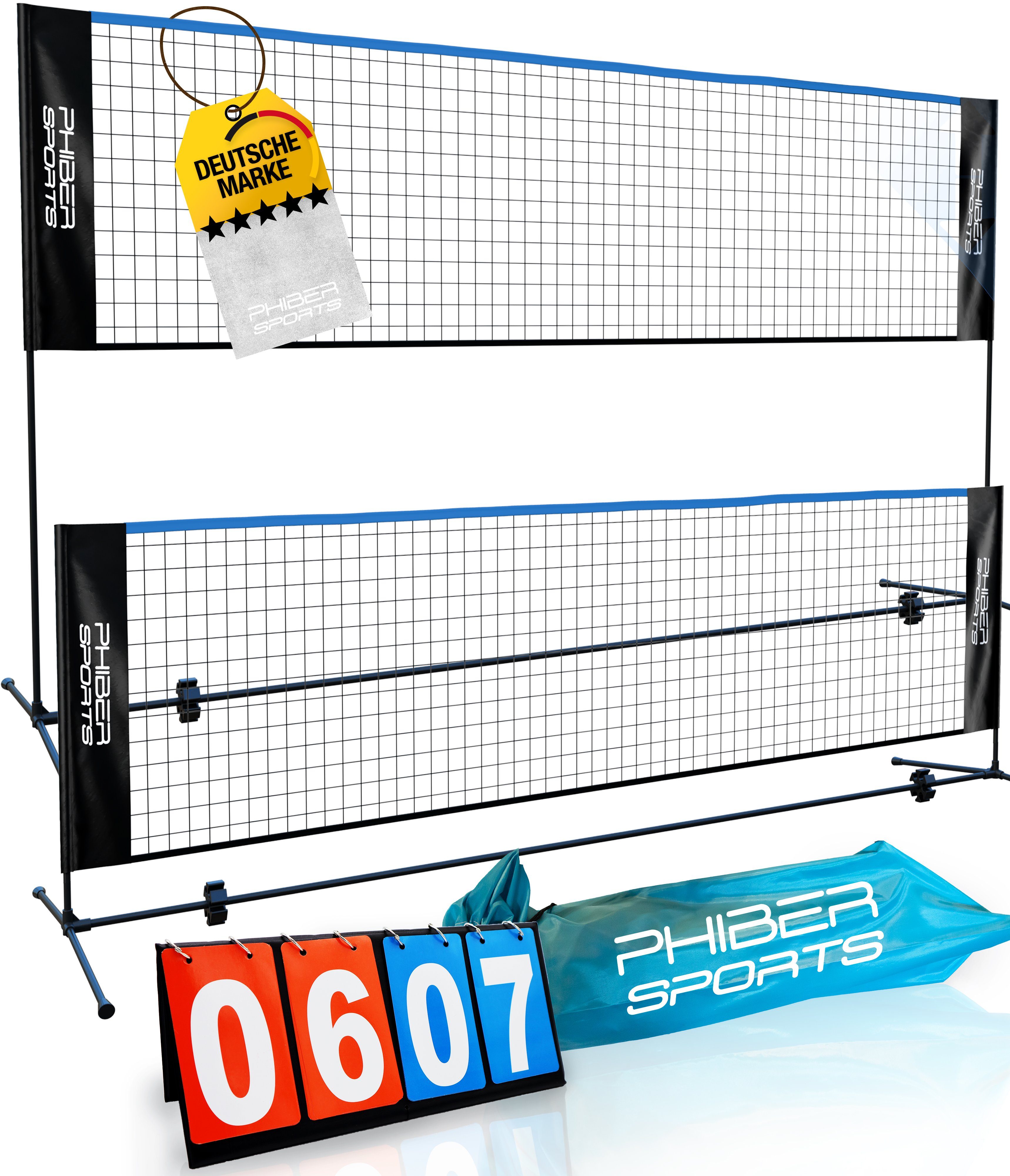 PHIBER-SPORTS Badmintonnetz PHIBER-SPORTS Badminton Netz, Federballnetz (420cm, 3-Fach Höhenverstellbar + Anzeigetafel, – Auch als Tennisnetz, Volleyballnetz Pool, Fussballtennis), Inkl. Transporttasche, für Indoor & Outdoor