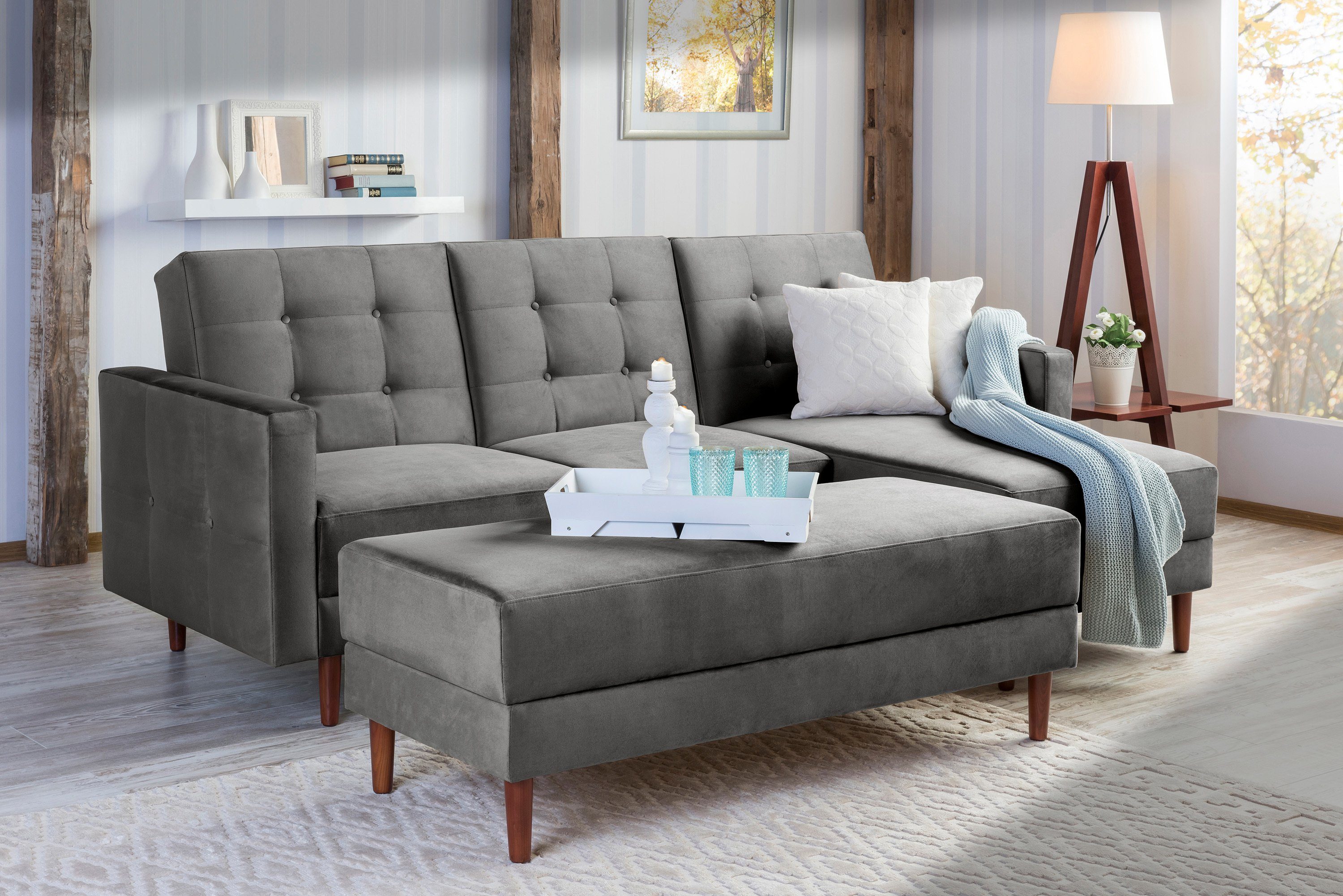 Max Winzer® Sofa Easy Relax, Funktionssofa mit Hocker Samt grau