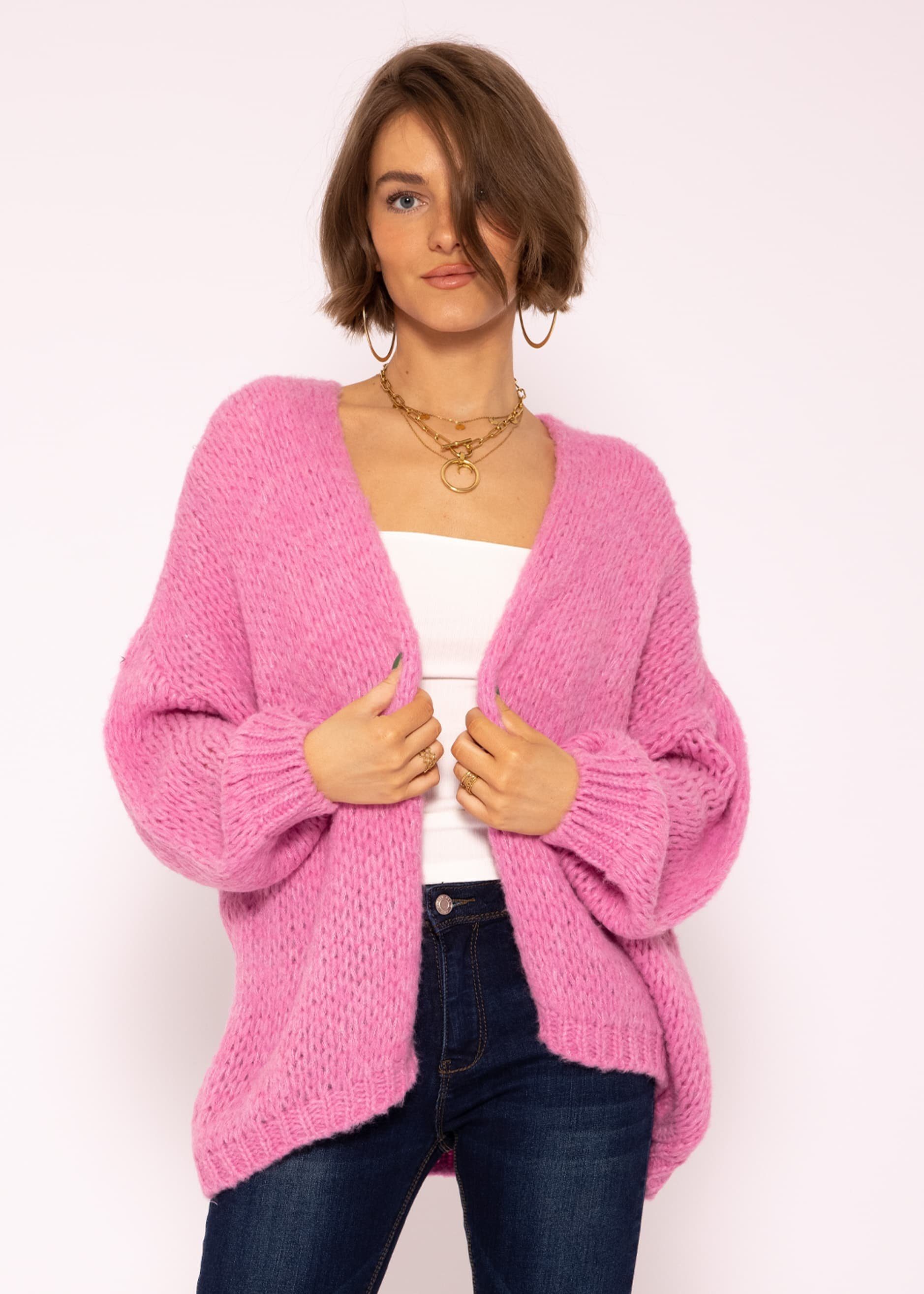 SASSYCLASSY Cardigan Offen fallende Oversize Strickjacke Schwarz Lässiger Strick Cardigan, Schwarz Beige Grau Rosa Made in Italy