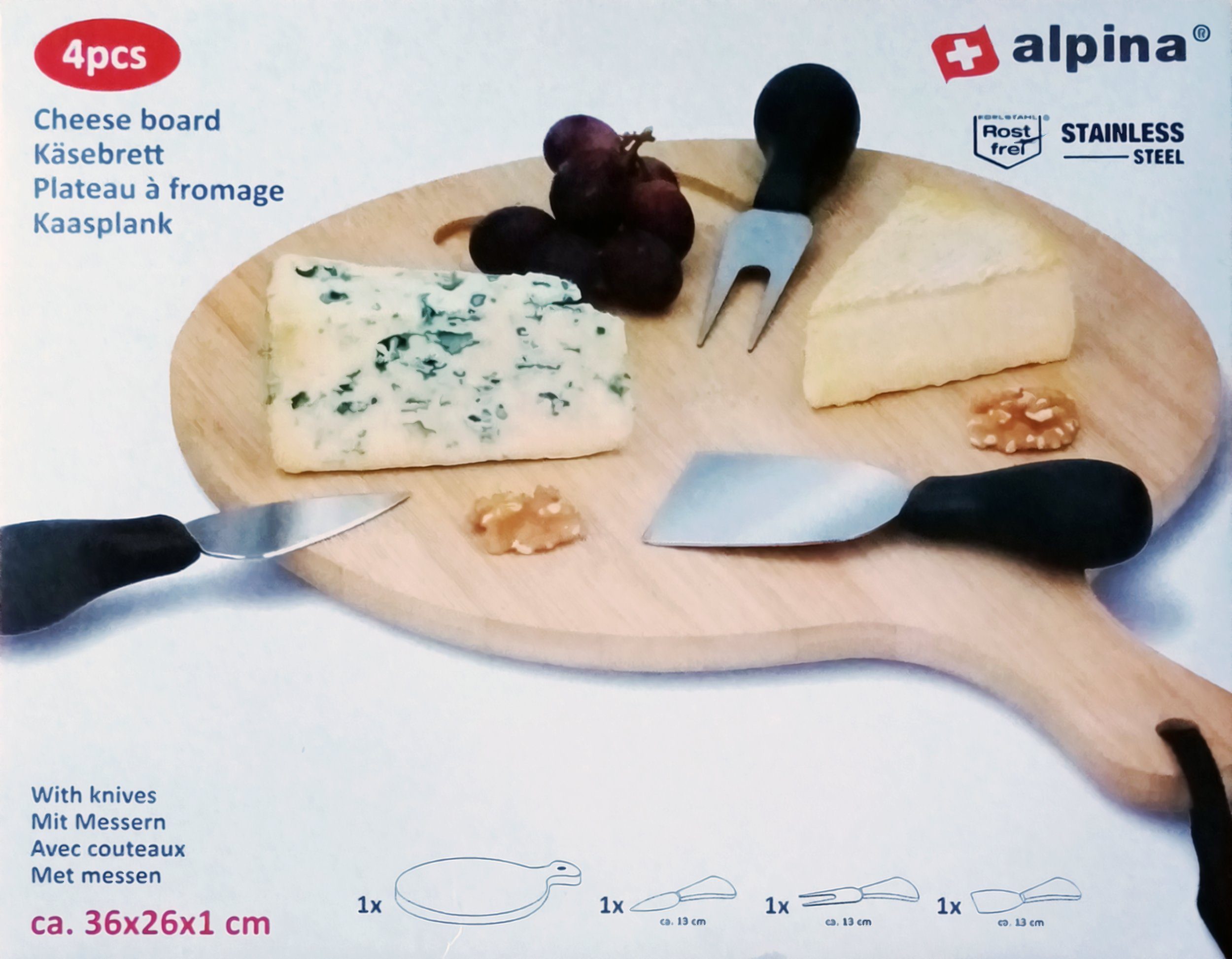 Messer KÄSEBRETT Bambus 48, mit *Alpina* Käsebesteck Bambus Käsegabel 36x26cm Käsebrett Käse Schneidebrett