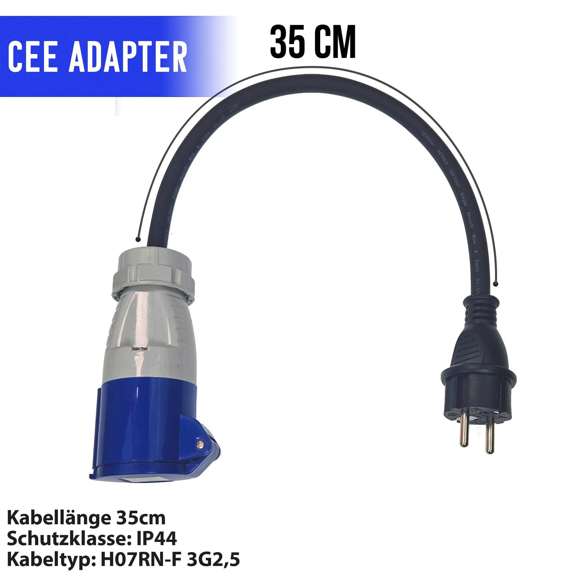 feletec CEE Adapter Schuko Stecker auf CEE Kupplung, 35cm Camping Kabel, IP44 CEE-Adapterkabel