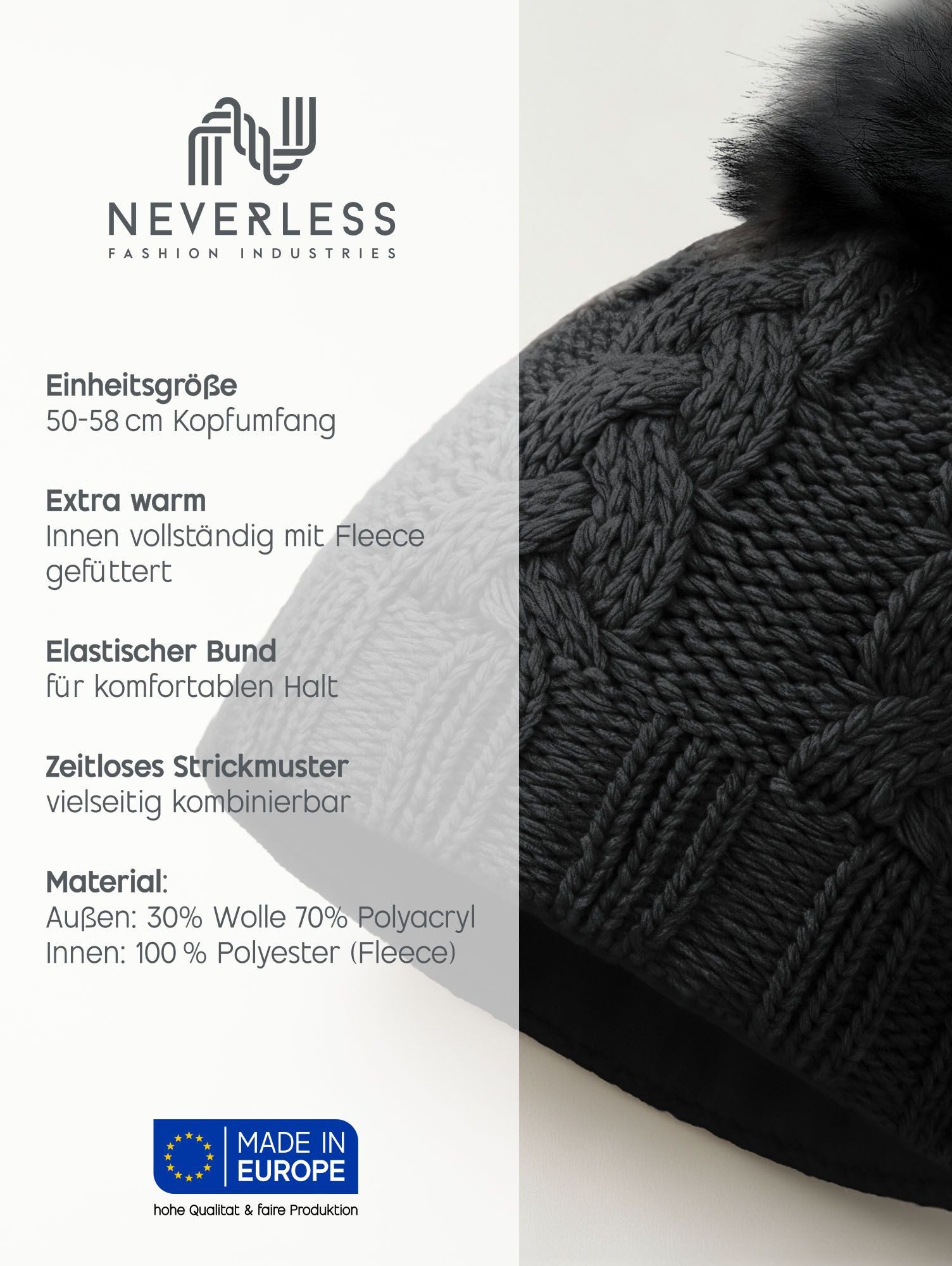 Neverless Strickmütze Damen Strickmütze Zopfmuster Fleccefutter Bommelmütze Pudelmütze