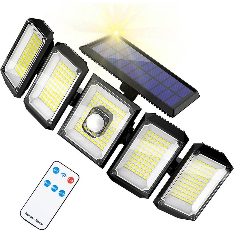 Rosnek LED Außen-Wandleuchte Solar, 5 Köpfe, Bewegungssensor, für Garage  Terrasse Hof, Kaltweiß, Fernbedienung, 3 Beleuchtungsmodi, Außenbereich