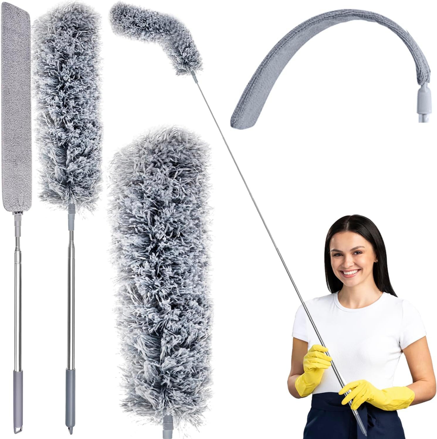 Ruhhy Staubwedel Teleskop Staubwedel Ausziehbar Mikrofaser Flach und Rund bis 250cm, Teleskopisch & zwei Endstücke & rutschfeste Griff