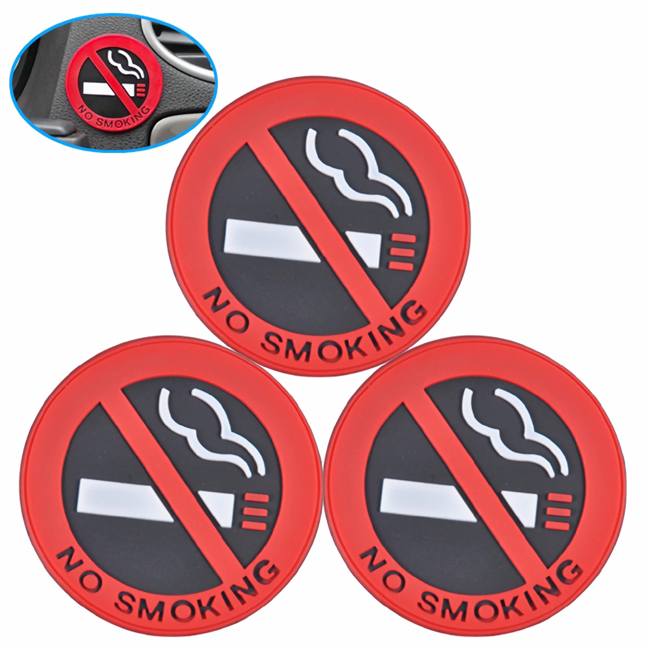Bolwins Hinweisschild B71 3St/Set 3D Rauchen verboten Aufkleber Ø 5 cm No Smoking Schild, (Aufkleber-Set, 3 St., 3x 3D No Smoking Aufkleber, selbstklebend, für Auto, Büro und Räume), 3D Nichtraucher Piktogramm, selbstklebend, wetterfest