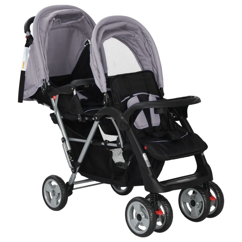vidaXL Kombi-Kinderwagen Zwillingswagen Karre Kinderwagen Buggy Stahl Grau und Schwarz