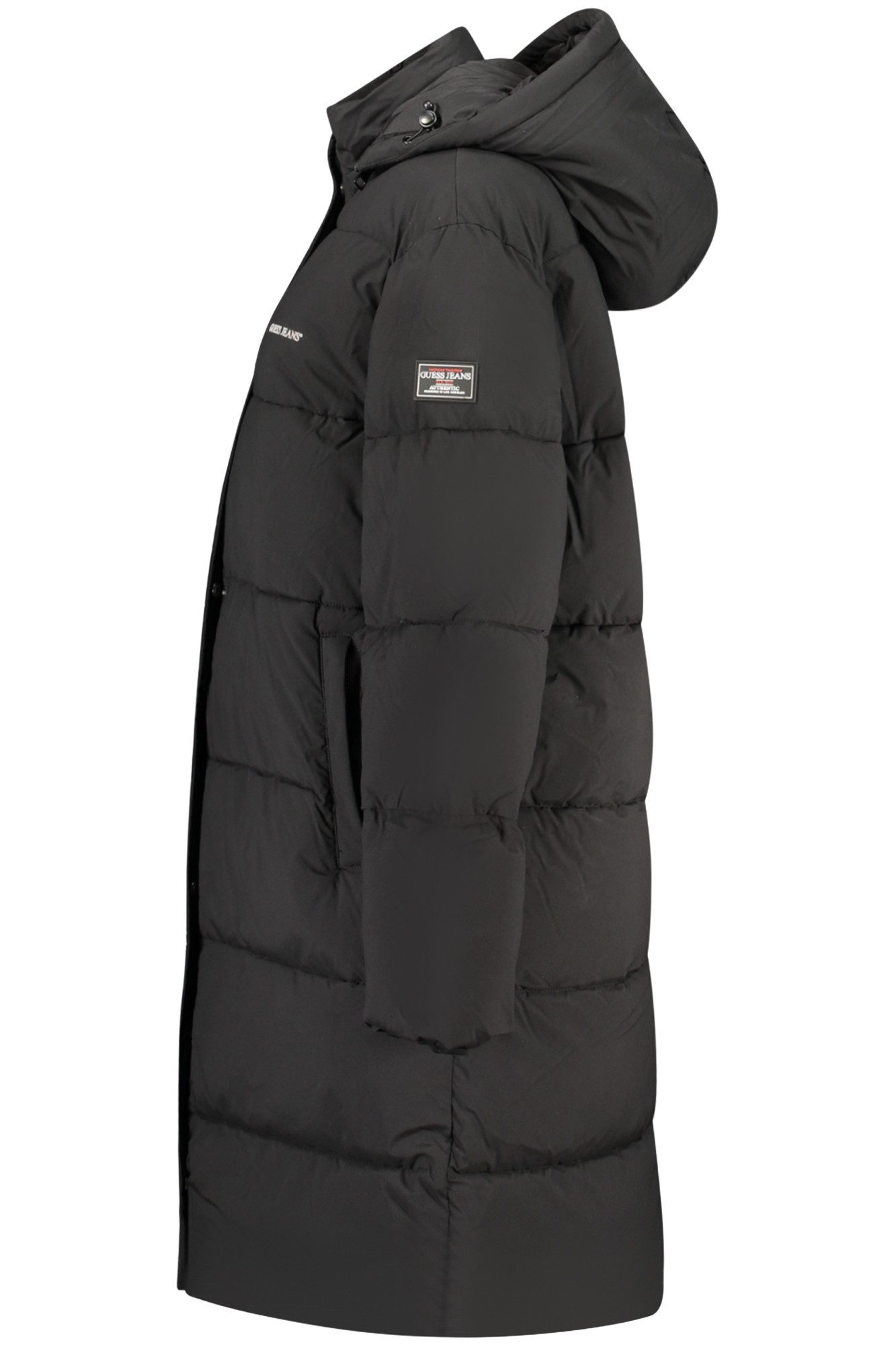 GUESS JEANS Outdoorjacke Damenjacke Schwarz: Lange, Wattierte Jacke mit Abnehmbarer Kapuze