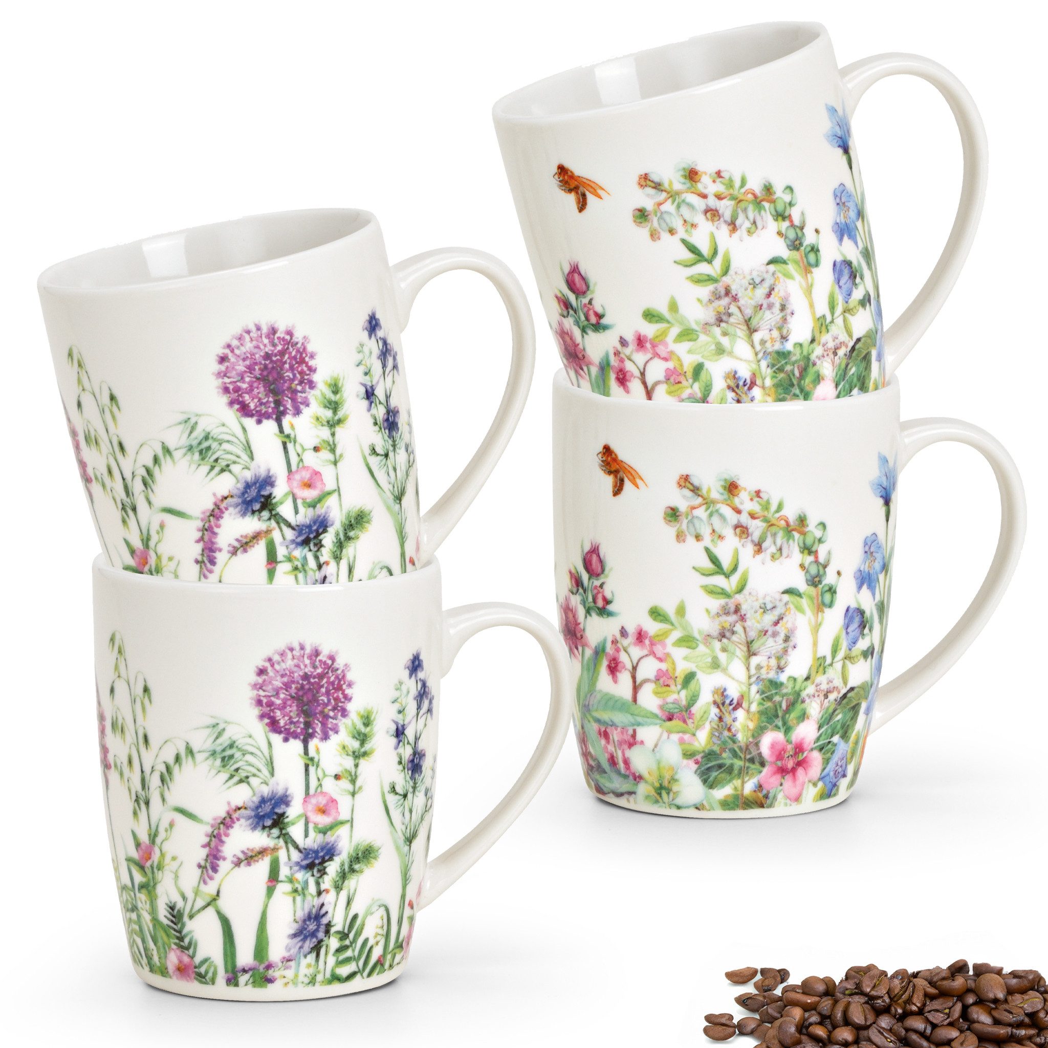 matches21 HOME & HOBBY Tasse Kaffeetassen 4er Set Wiesen-Blumen Frühling Sommer 8 cm, 300 ml, Porzellan, Spülmaschinenfeste Vintage Tee Kaffee-Becher weiss bunt