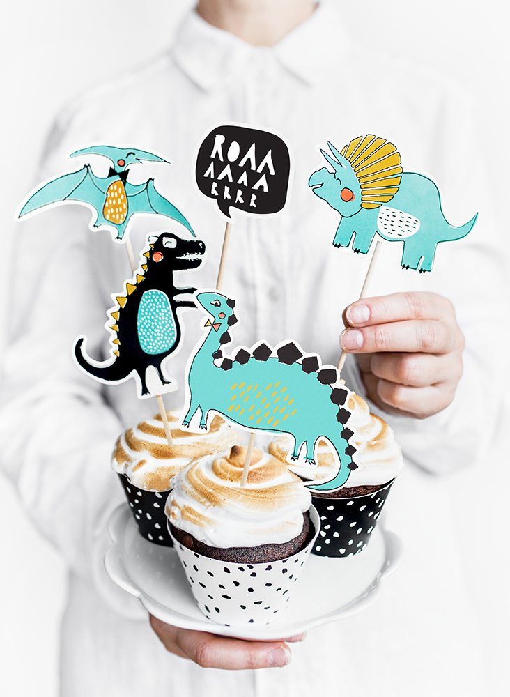 partydeco Tortenstecker, Kuchen Topper Dinosaurier 10,5-20cm grün schwarz 5er Set