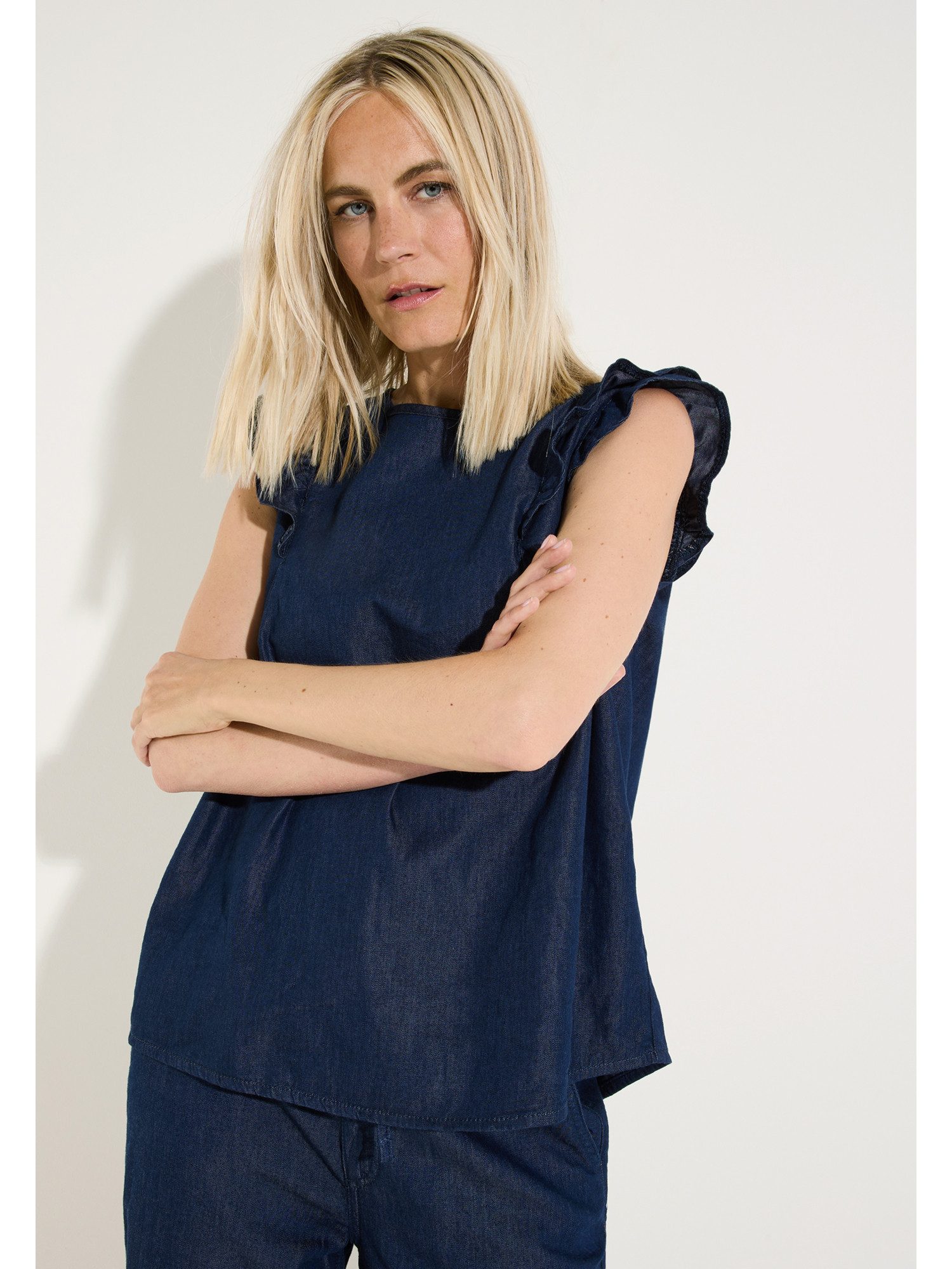 MORE&MORE Kurzarmbluse leichte Denimbluse, Rüschenärmel