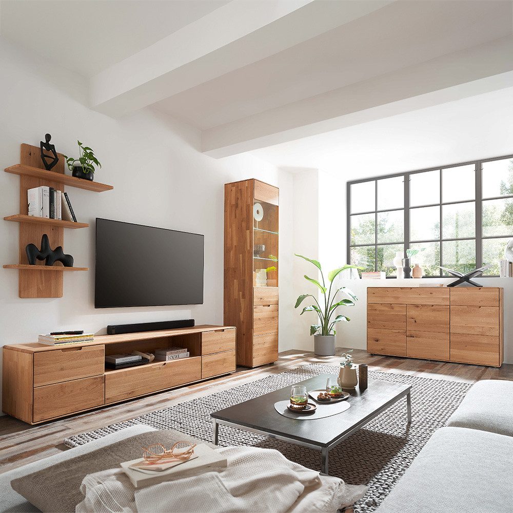 Lomadox Wohnzimmer-Set WISLA-69, (Mega-Spar-Set, 4-St., Lowboard Wandregal Kommode Virtine), Eiche massiv, LED Beleuchtung, Griffeinfräsung, Softclose, montiert