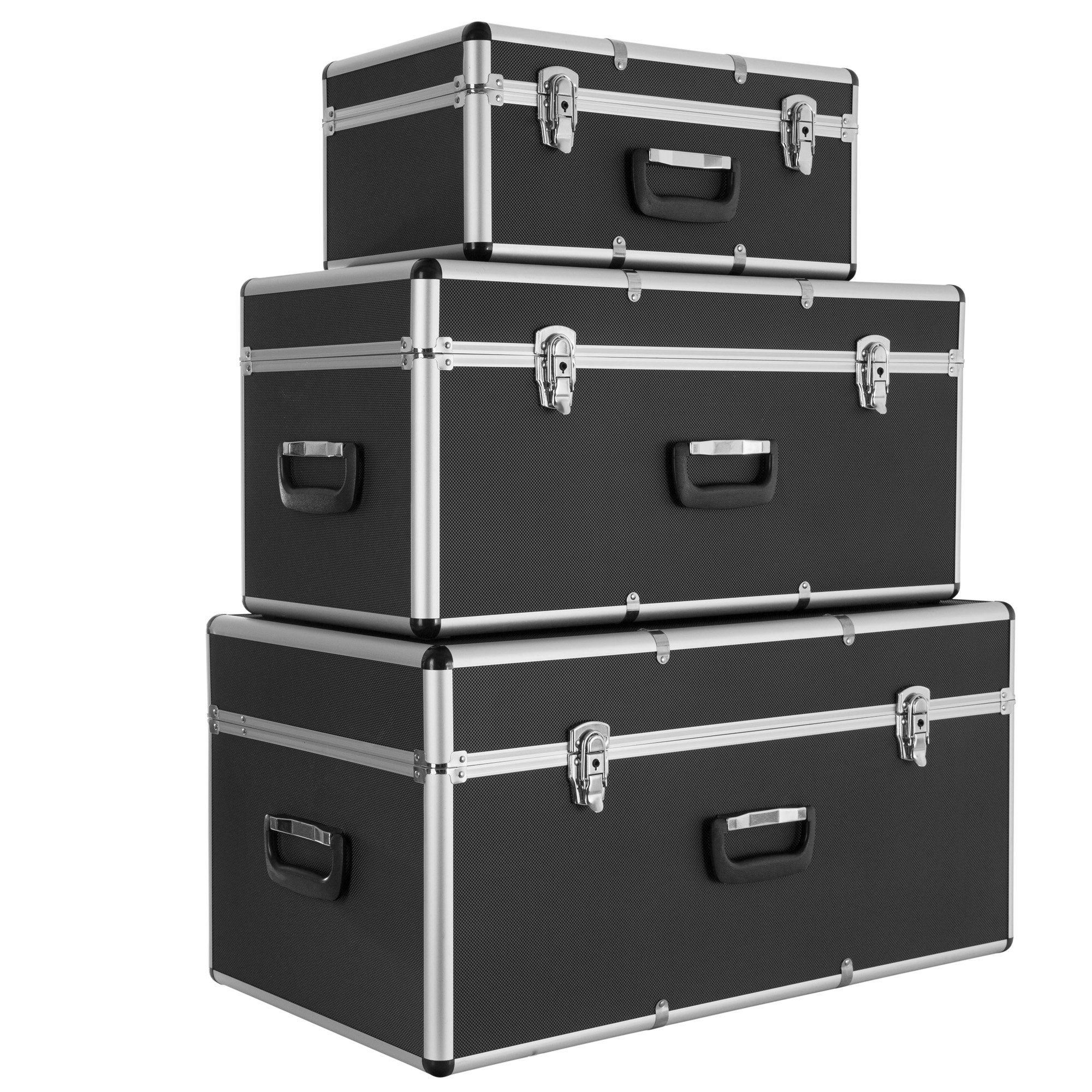 Arebos Werkzeugbox Alu-Transportkoffer-Set 3-teilig L-XL-XXL stapelbar, abschließbar (Set, 3 St), Geräumig: Volumen 30 L (L), 70 L (XL) und 100 L (XXL)
