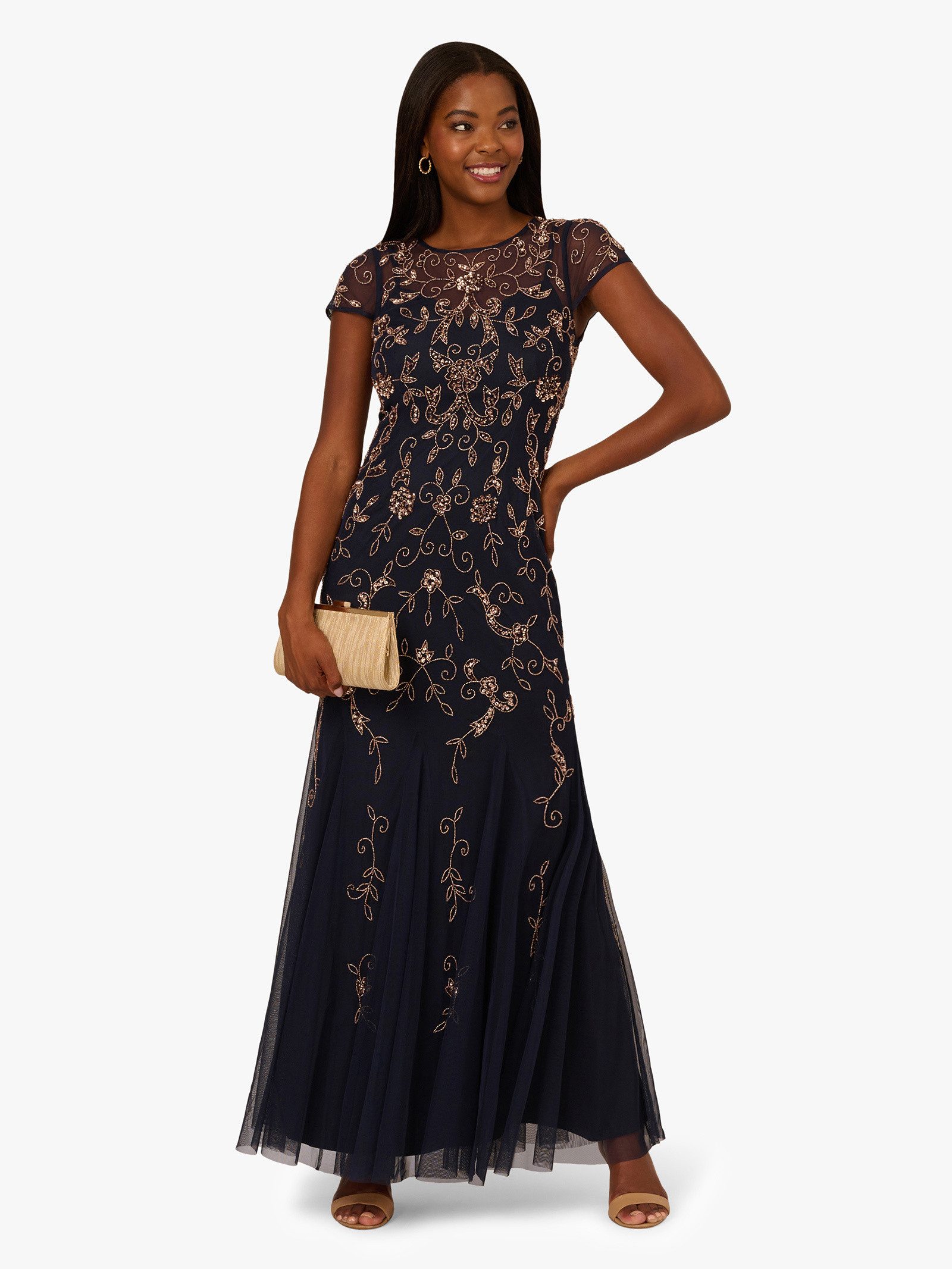 Adrianna Papell Abendkleid Bead Mesh Godet Long Dress Üppiges, mit Perlen besticktes Kleid mit Volants