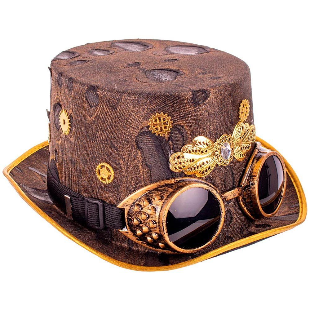 Kostüm Steampunk Zylinder mit Brille - Braun Gold, Hut Z