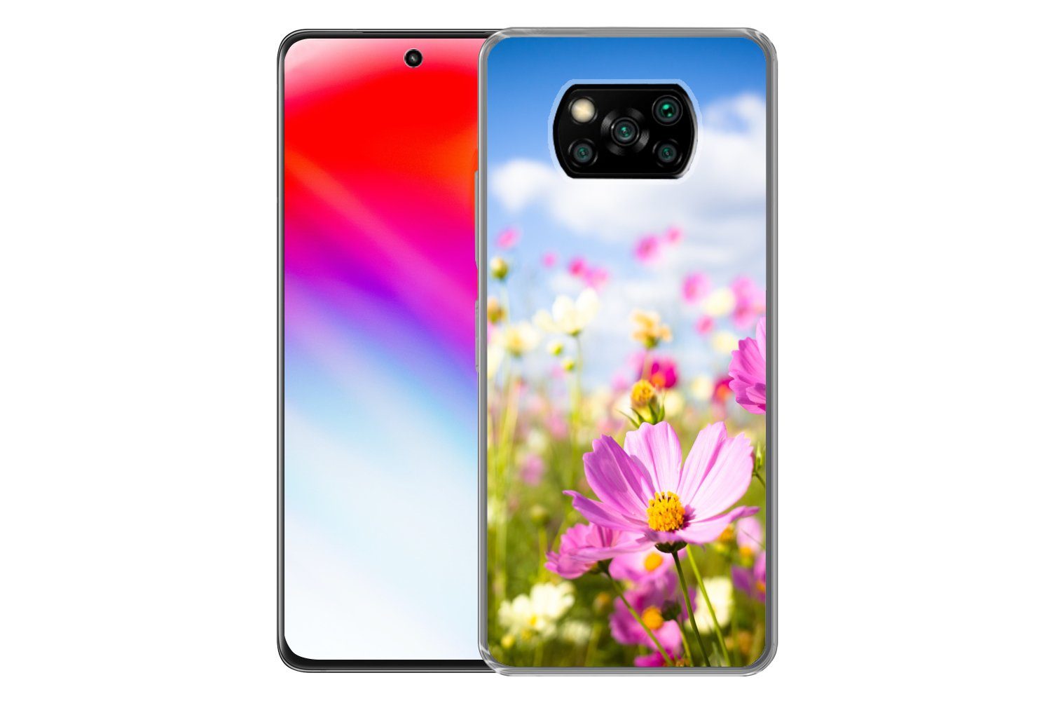 MuchoWow Handyhülle für Xiaomi Poco X3 Pro Blumen - Wiese - Lila - Gras - Weiß - Wolken -, Phone Case, Silikon, Schutzhülle Dünn