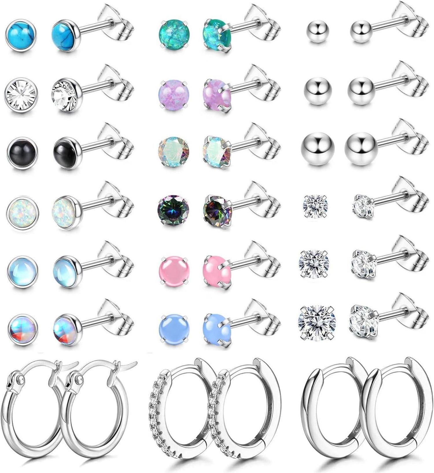 Schmuckset 21 Paar Kleine Chirurgenstahl Ohrringe Zirkonia Stern Opal Mondstein