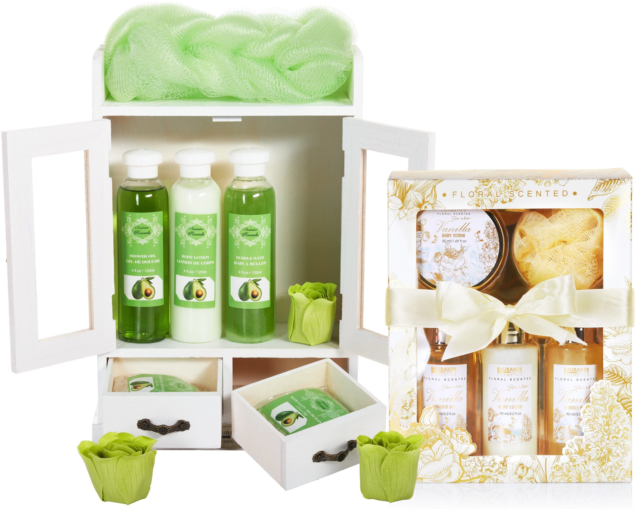 BRUBAKER Pflege-Geschenkset 2 in 1 Pflegeset Avocado & Vanilla Rose Minze - Wellness Set, 15-tlg., Damen Dusch- und Badeset - Frauen Beauty Geschenkset mit Dekoration