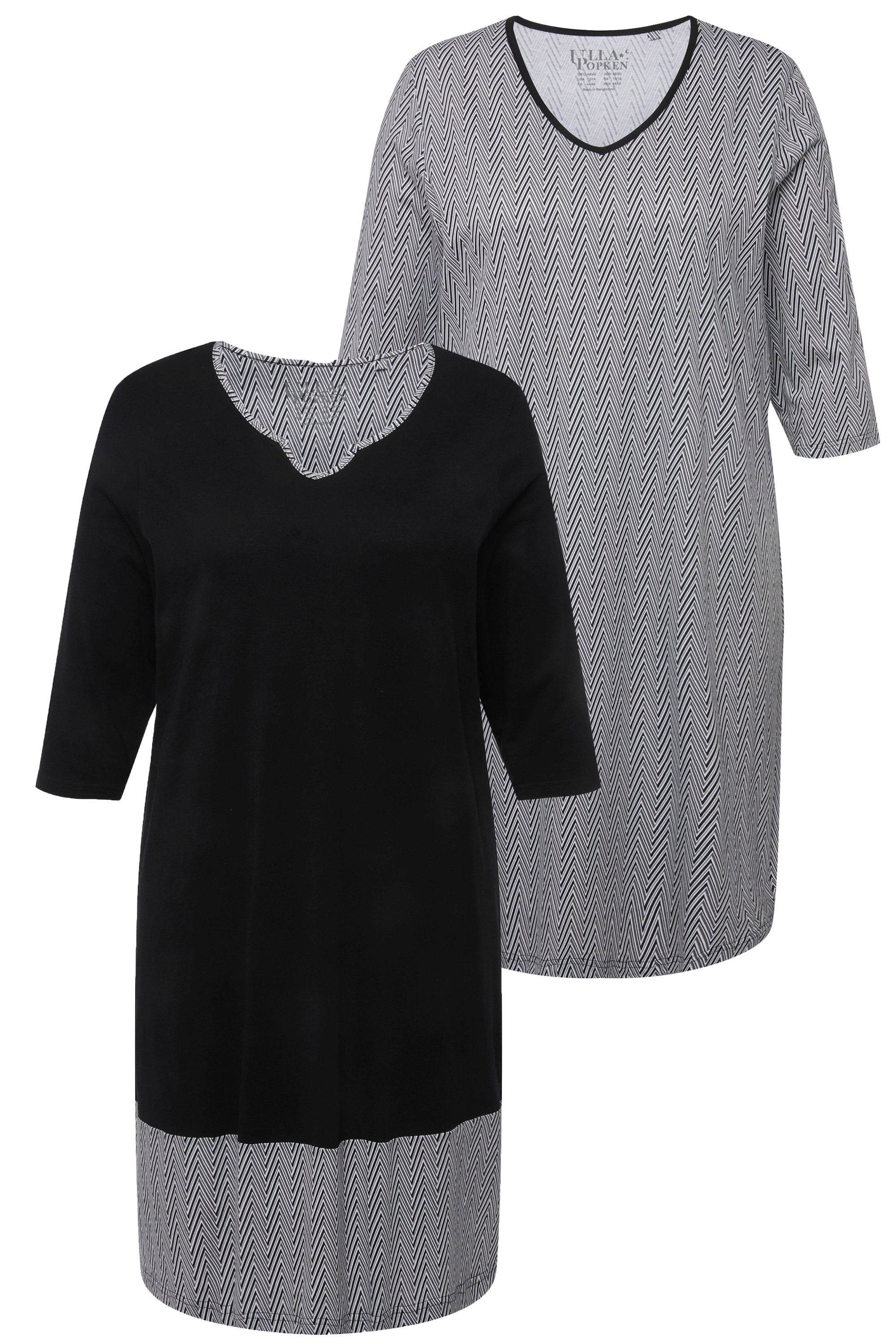 Ulla Popken Bigshirts voor dames, set van 2, ronde hals/tuniekhals, 3/4-mouw nachthemd, zwart, 50/52, zwart, 50-52