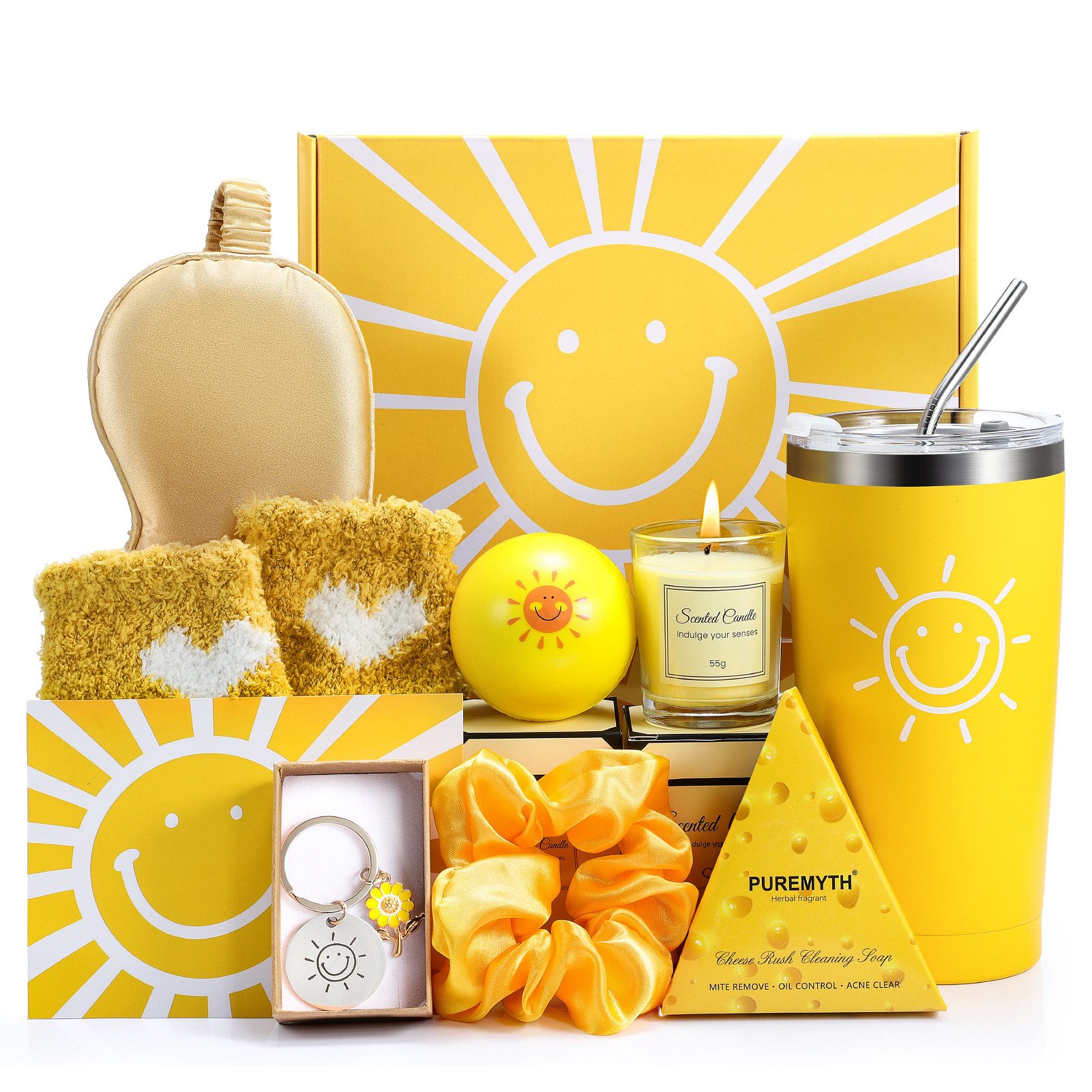 Wootoy Geschenkbox Geschenkset Geburtstagsgeschenke Pflege-Geschenkbox mit Sonnenmotiv (mit isoliertem Trinkbecher Duftkerze Schlafmaske und Socken, 12 St., Stilvolles Design und hochwertige Zusammenstellung), Geschenk für Familie Partnerinnen Freundinnen