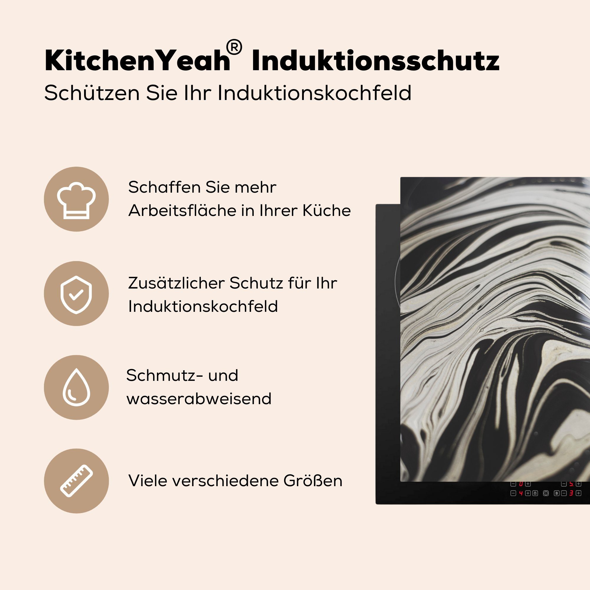 MuchoWow küche tlg), - für Herdblende-/Abdeckplatte Schwarz, Arbeitsplatte Ceranfeldabdeckung, Weiß (1 Vinyl, - cm, Marmor 78x78