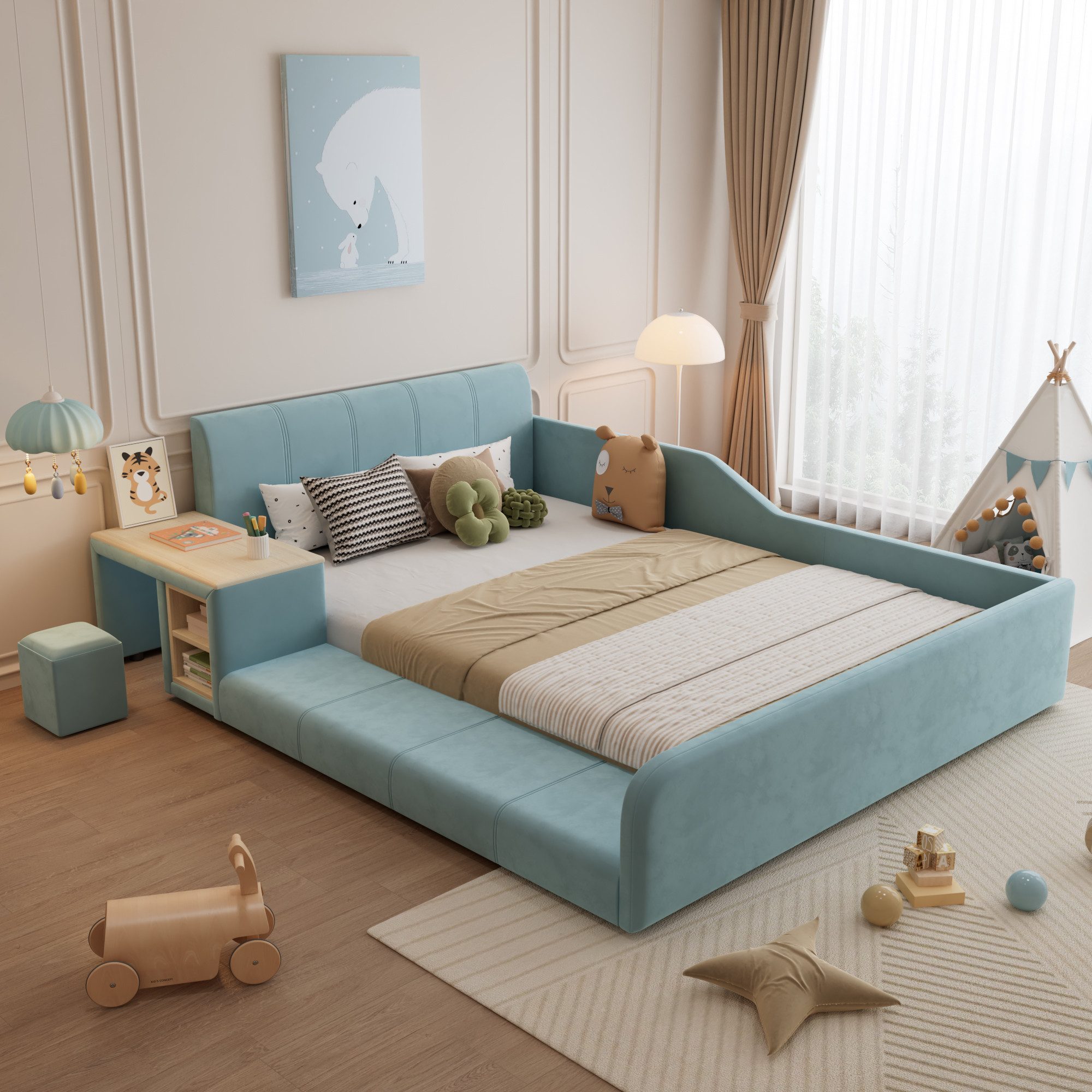 Flieks Polsterbett, Kinderbett 140x200cm mit Schreibtisch und Hocker mit Ra günstig online kaufen