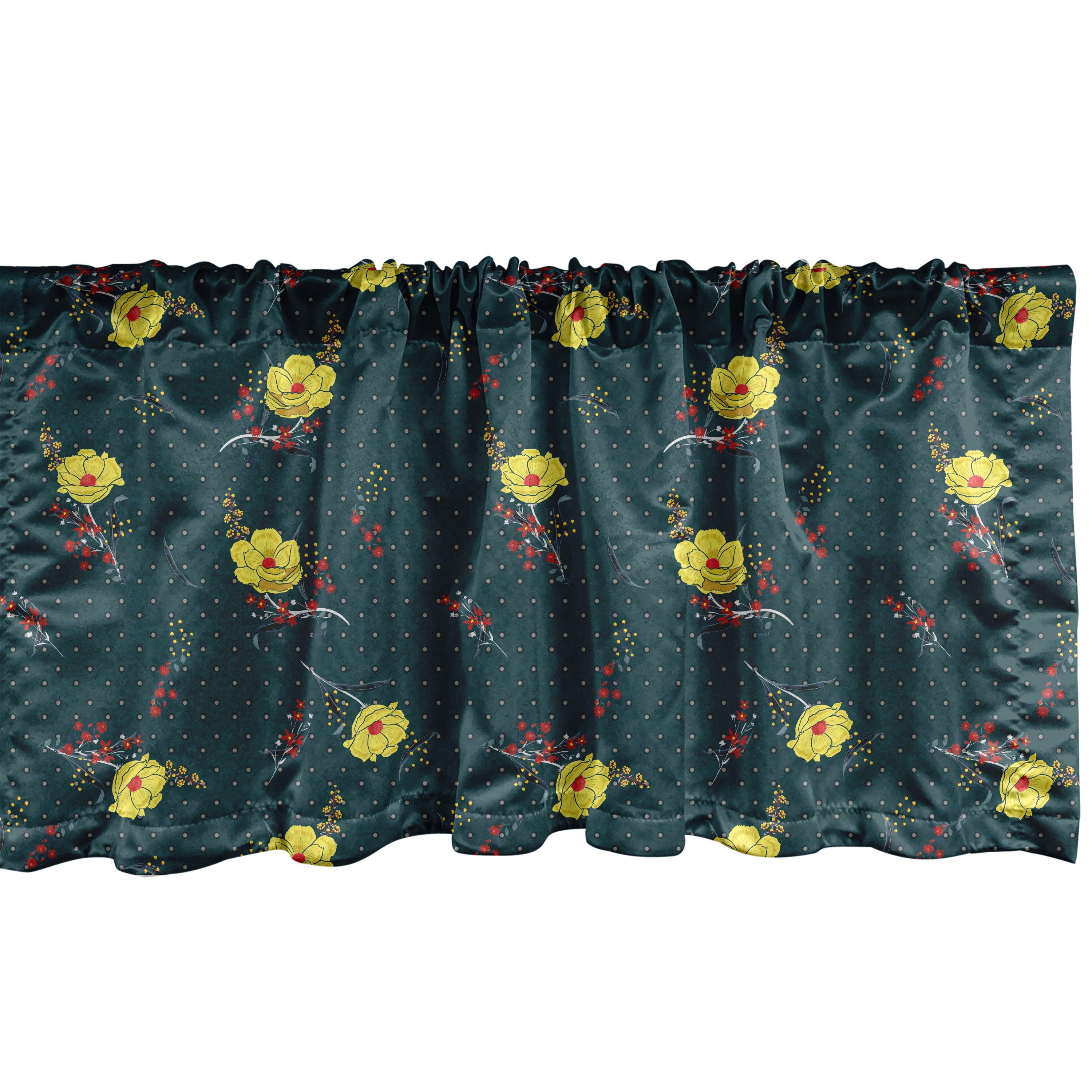 Scheibengardine Vorhang Volant für Küche Schlafzimmer Dekor mit Stangentasche, Abakuhaus, Microfaser, Blumen Blüten und Retro Tupfen