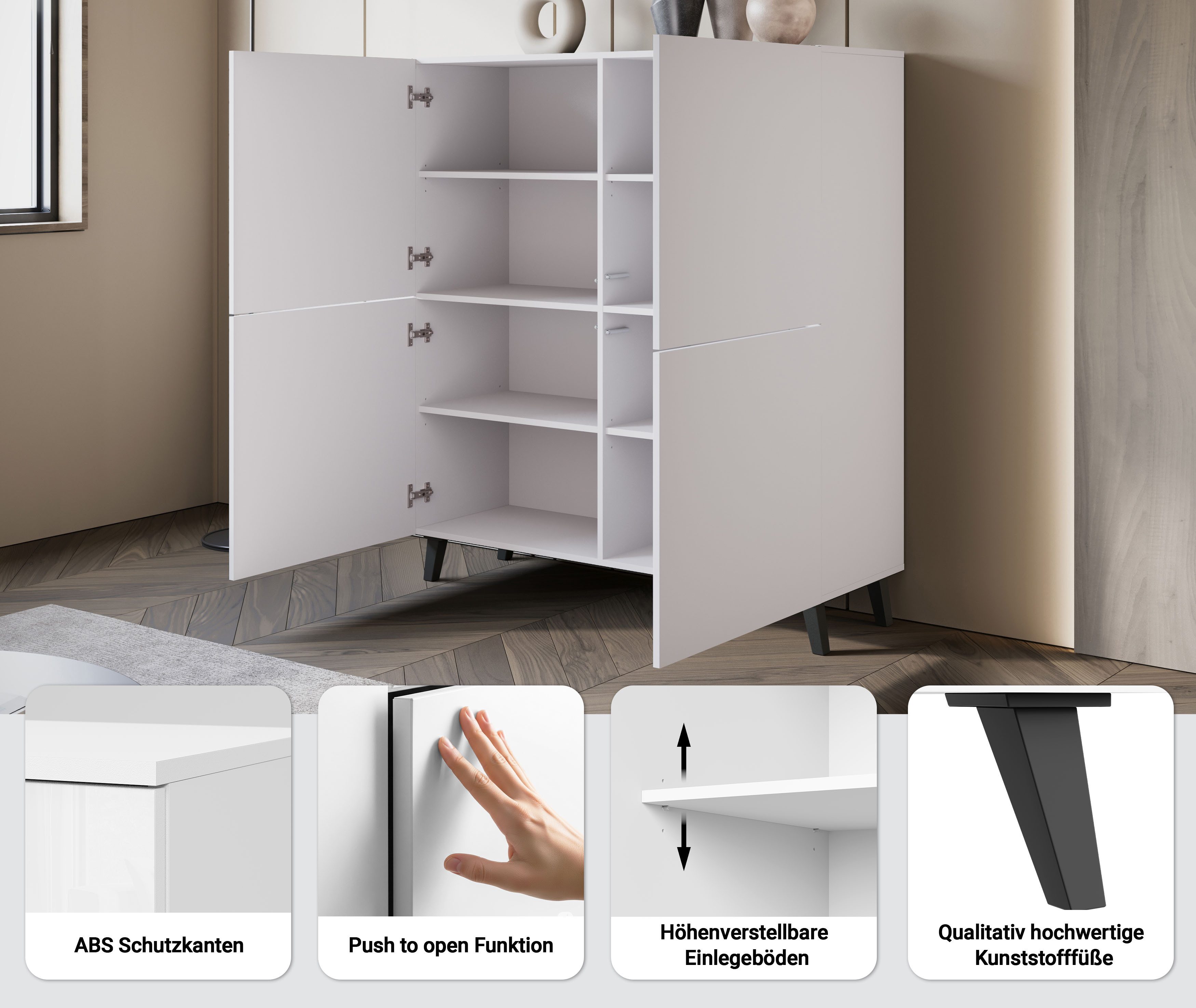 Home affaire Highboard HIGHBOARD PHUKET II, Stilvolle, grifflose Hochkommode, Breite 120cm, Mit 4 Türen und 8 Fächern und höhenverstellbaren Einlegeböden