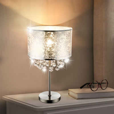 etc-shop LED Tischleuchte, Tisch Leuchte Steh Lampe Stoff Blattsilber Stand Strahler Kristalle im Set inkl. LED Leuchtmittel