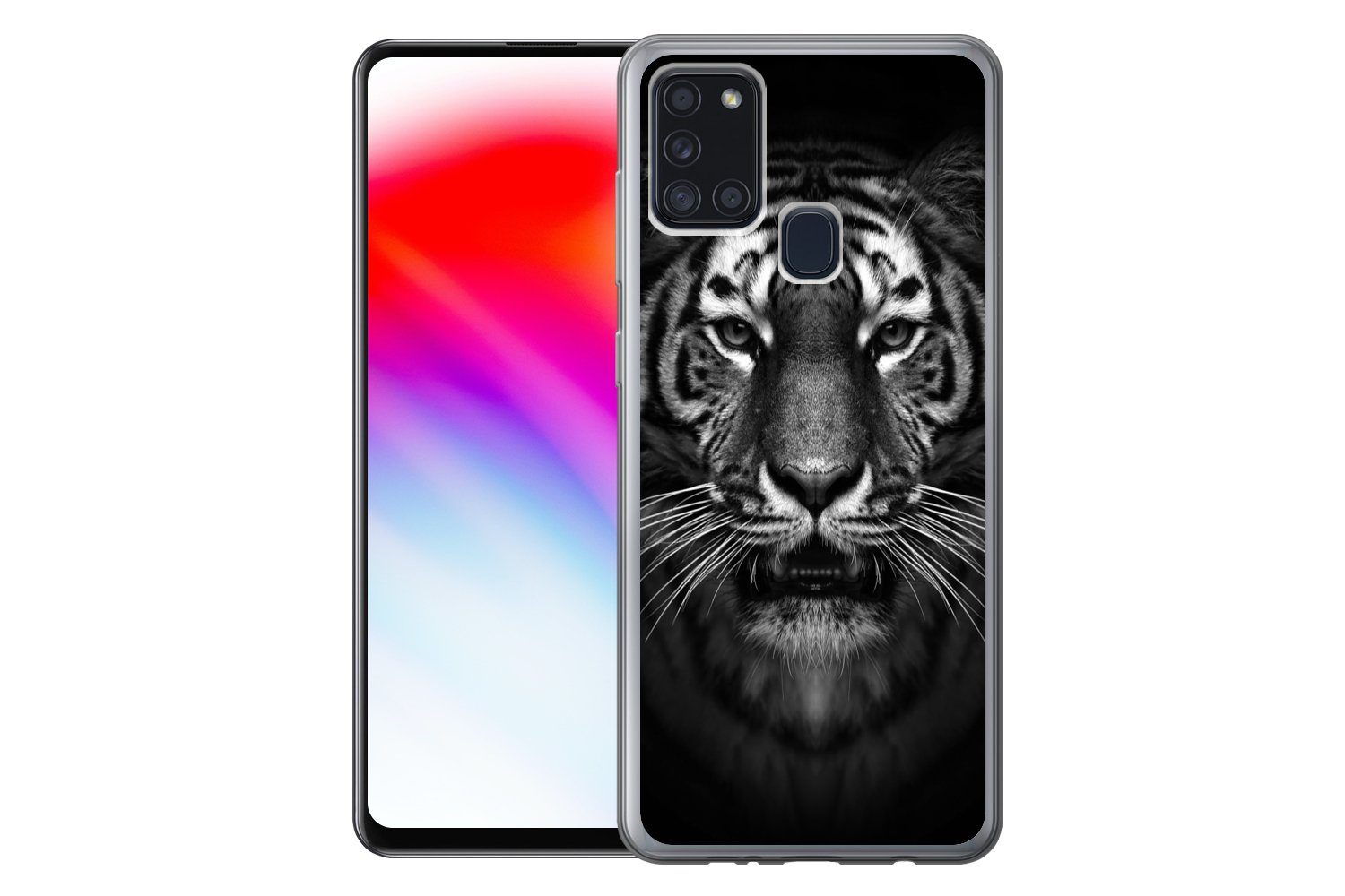 MuchoWow Handyhülle für Samsung Galaxy A21s Tiger - Tiere - Schwarz - Weiß - Porträt - Wil, Smartphone-Bumper, Print, Handy Schutzhülle Dünn