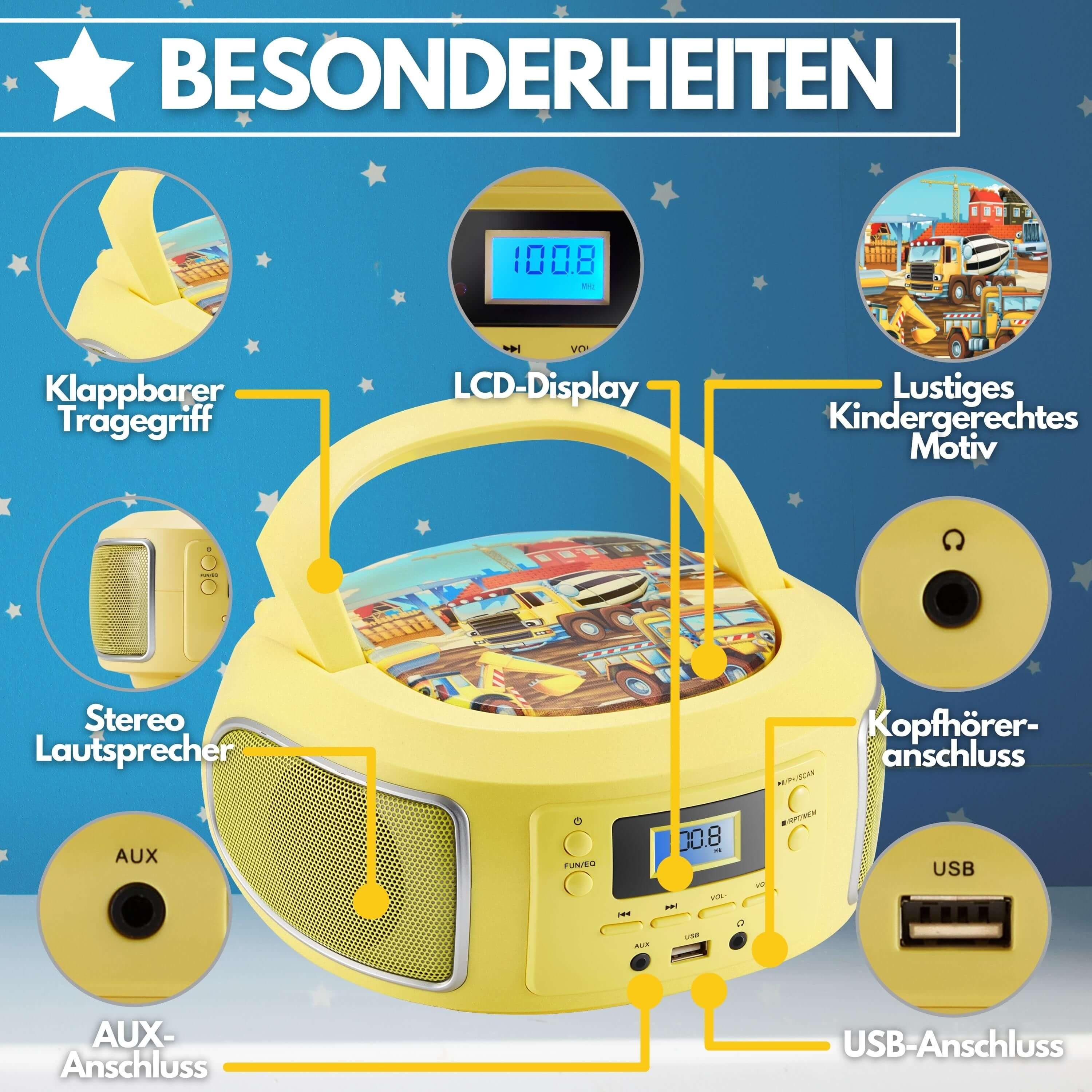 Cyberlux CL-950 tragbarer CD-Player (CD, Kinder CD Player tragbar, Boombox, Musikbox, FM Radio mit MP3 USB)