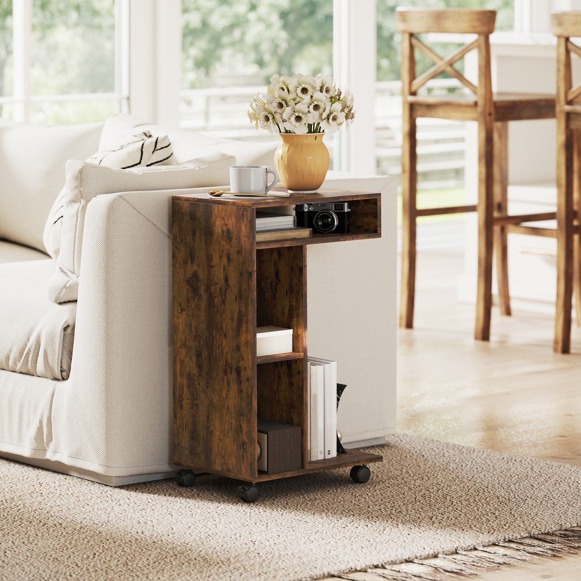 HOMCOM Beistelltisch mit 4 Regalen, Rollen (C-förmig Wohnzimmertisch, 1-St., Laptoptisch), für Wohnzimmer Schlafzimmer 40 x 30 x 69 cm Rustikal-Braun