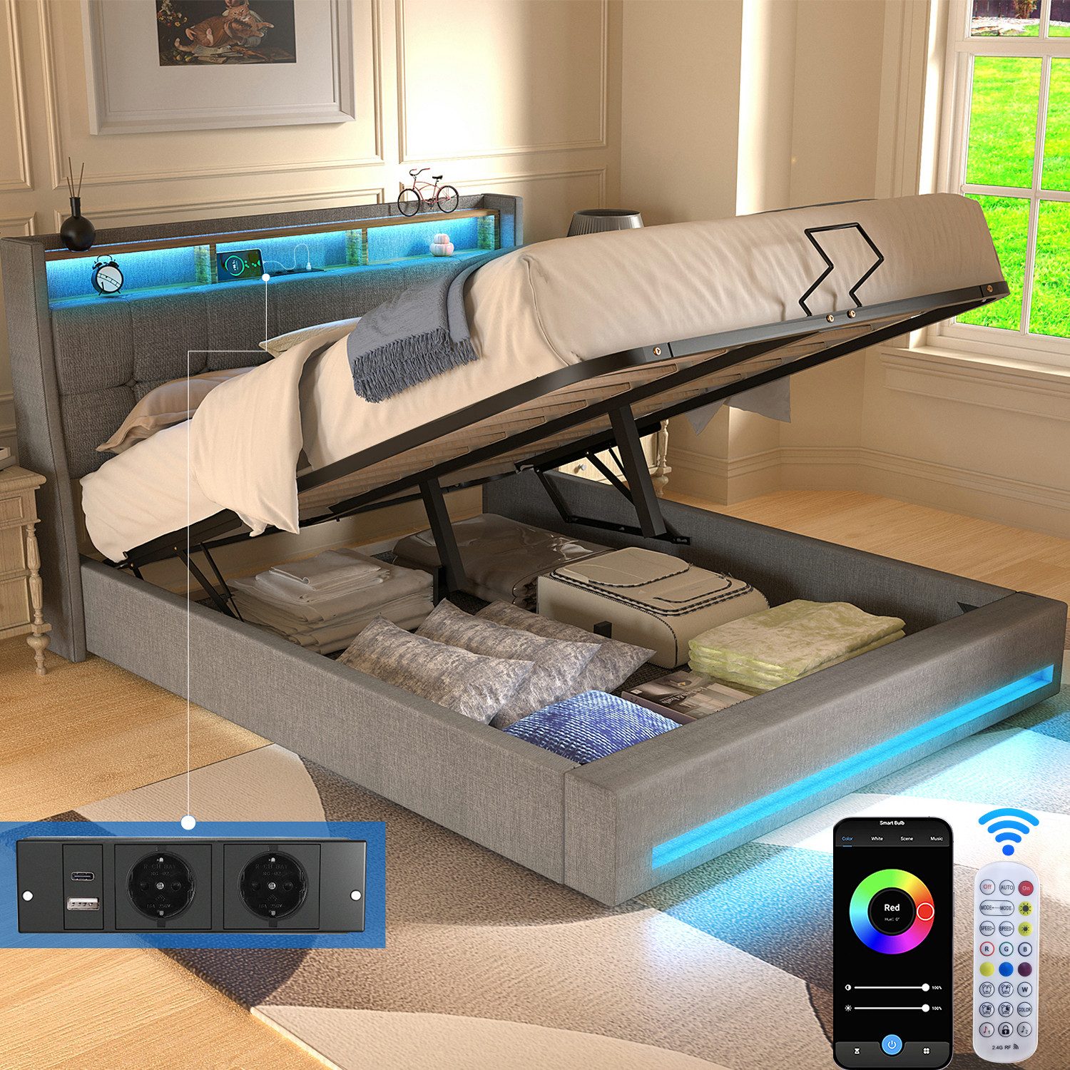 oyajia Polsterbett Hydraulisch Bett LED Doppelbett günstig online kaufen