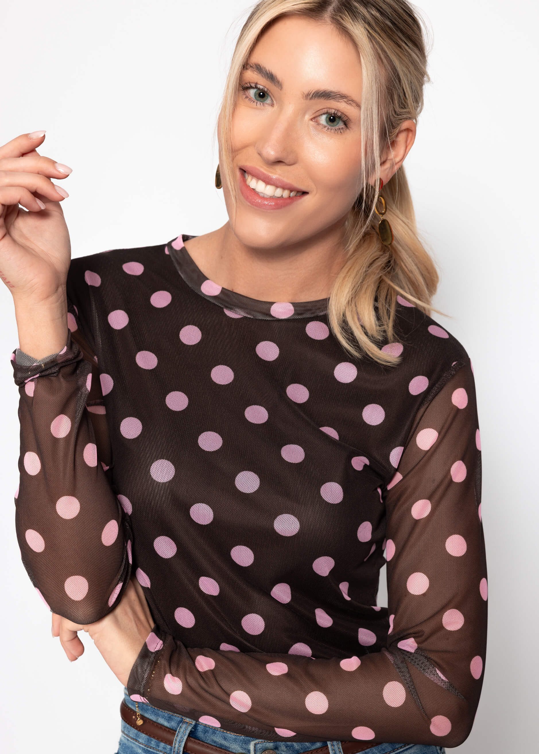 SASSYCLASSY Langarmshirt Mesh Langarmshirt mit Punkten für Damen Leichtes Shirt mit gefütterter Vorderseite und Rundhalsausschnitt – Bild 4 von 5