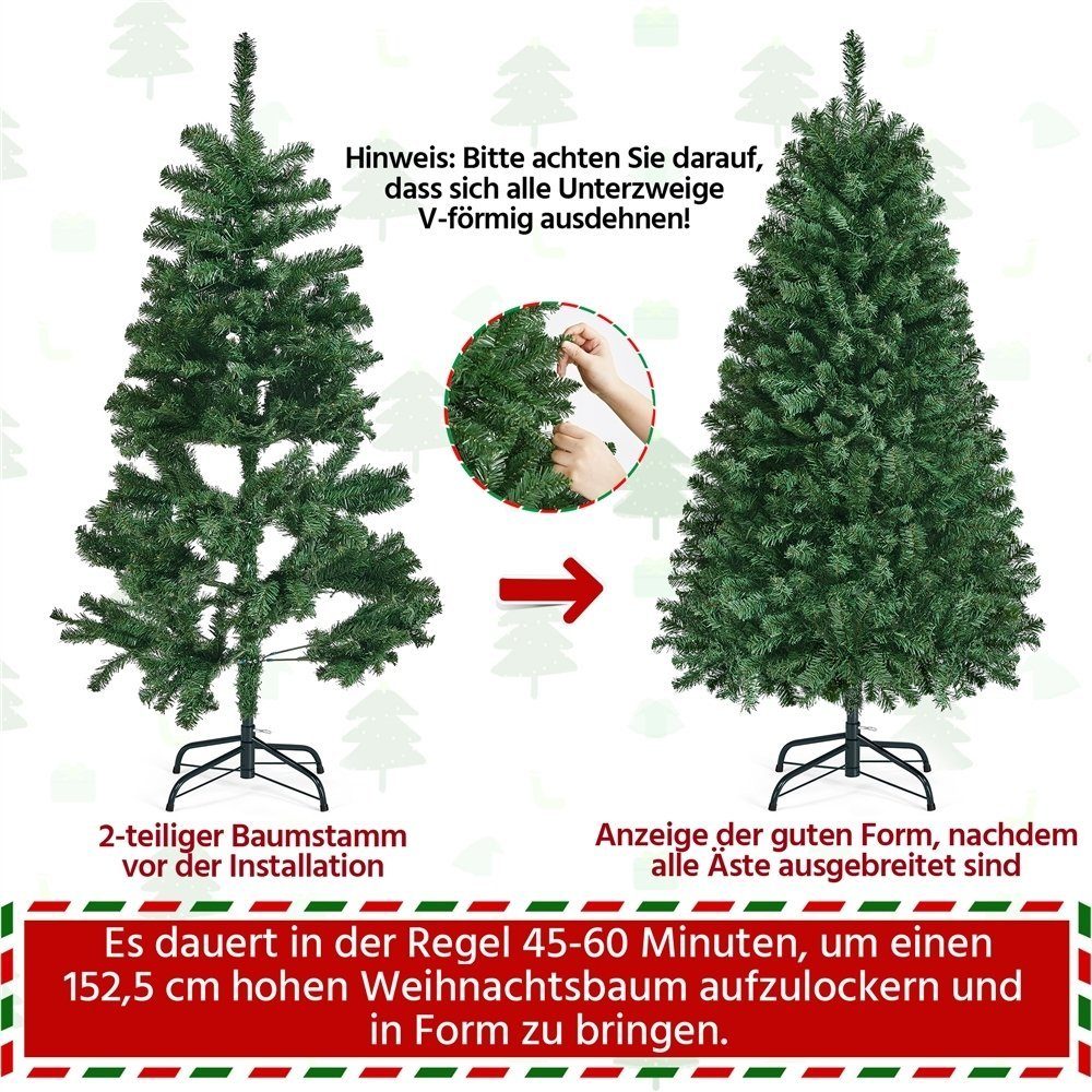 Yaheetech Künstlicher Weihnachtsbaum 152,5/183 cm (H), Fichte, LED Tannenbaum mit 9 Lichtmodi, mit Faltbarem Metallständer