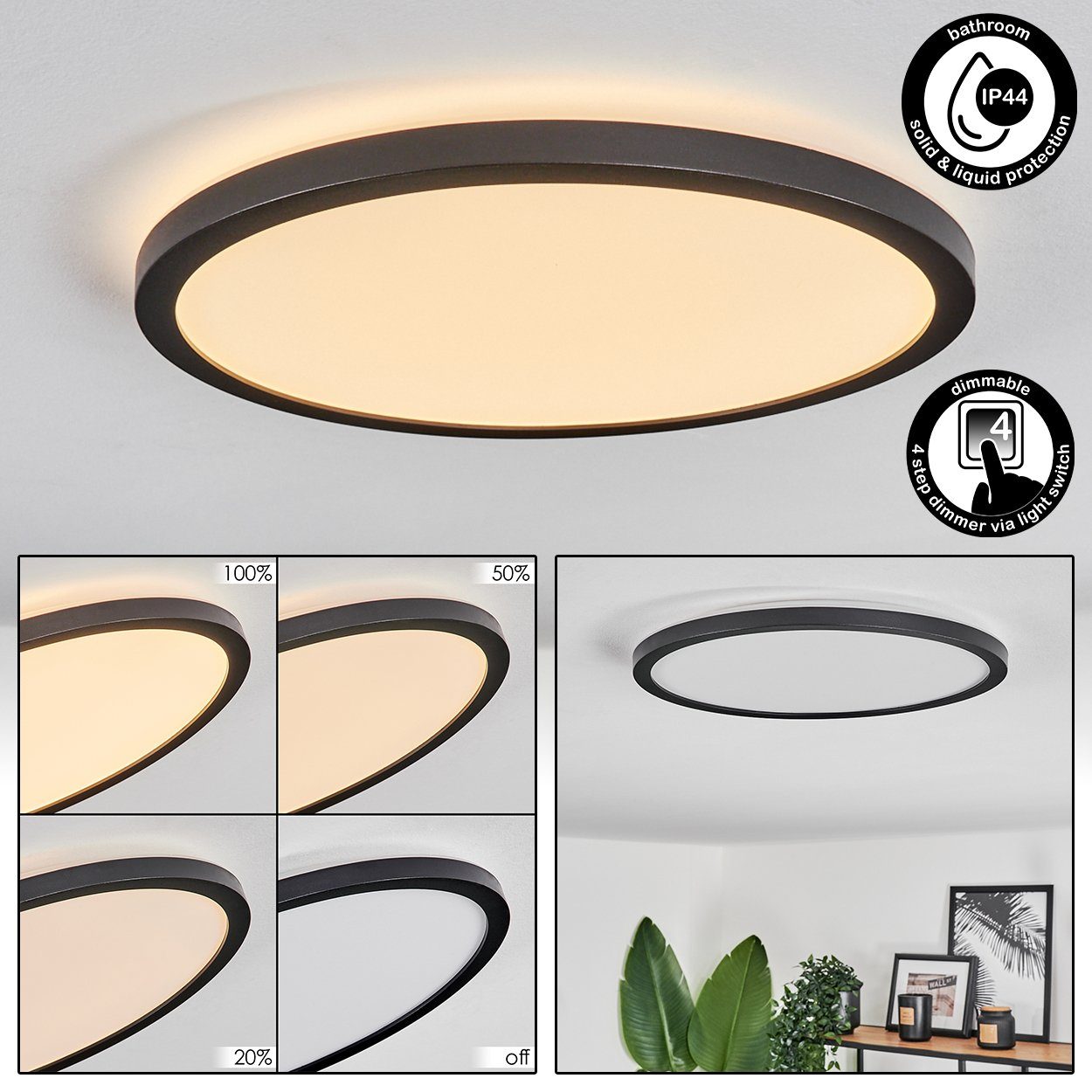 hofstein Deckenleuchte dimmbare Deckenlampe aus wechselbar, 29cm, über Kunststoff LED Lumen, 2000 dimmbar, Kelvin, herkömmlichen IP44 Lichtschalter 3000 Schwarz/Weiß, Ø in