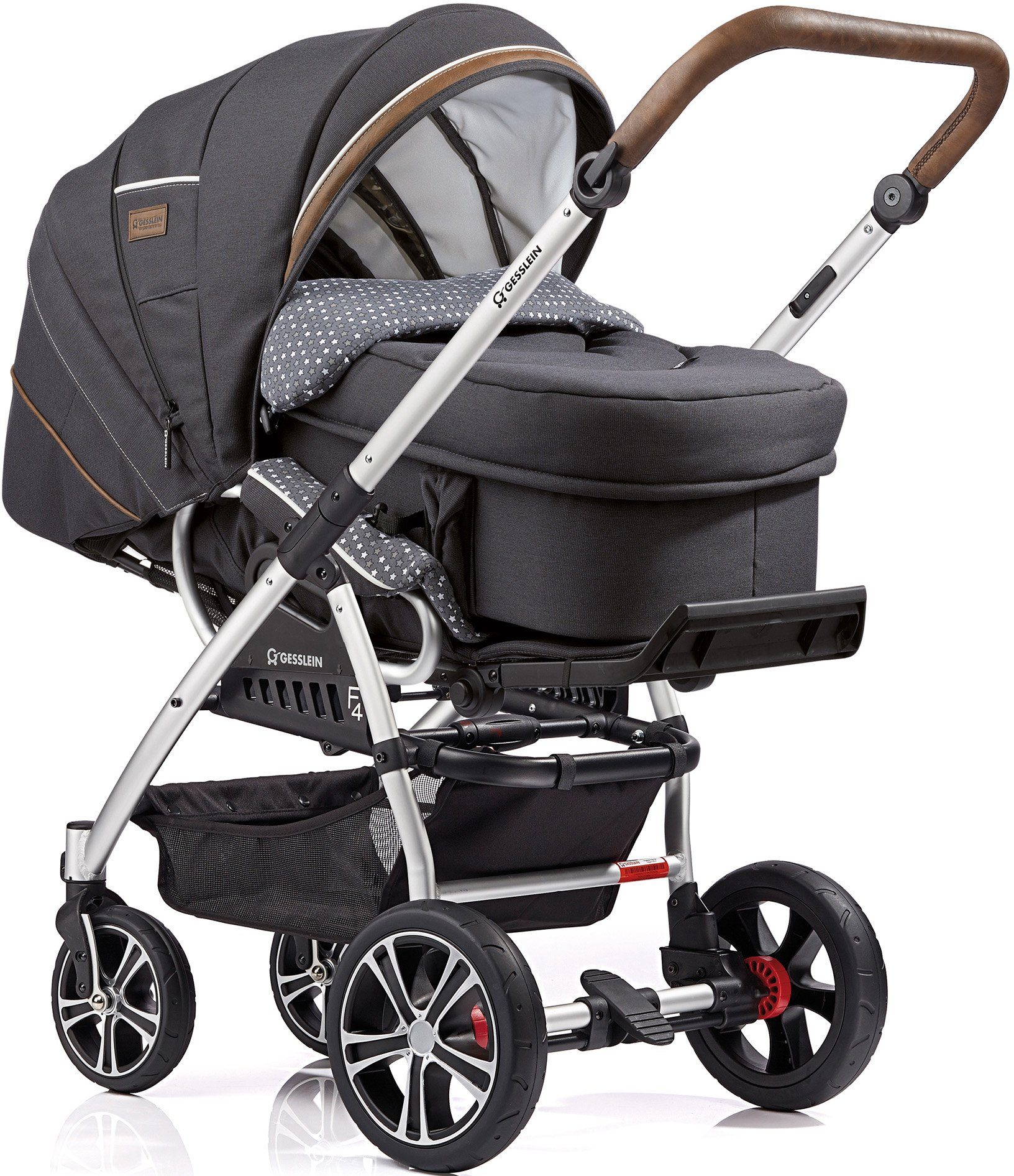 Gesslein Kombi-Kinderwagen F4 Air+, Tragetasche eloxiert/tabak, weiß, C2 anthrazit/Sterne Compact grau mit