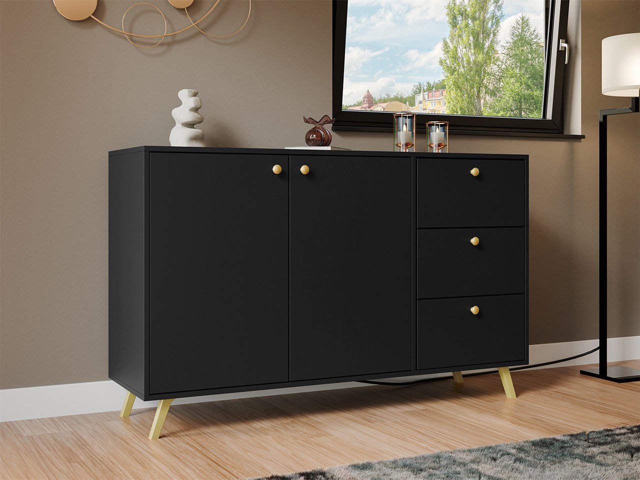 MIRJAN24 Kommode Siena 2D3S (mit zwei Drehtüren und drei Schubladen), Metallgriffe in der Farbe Gold