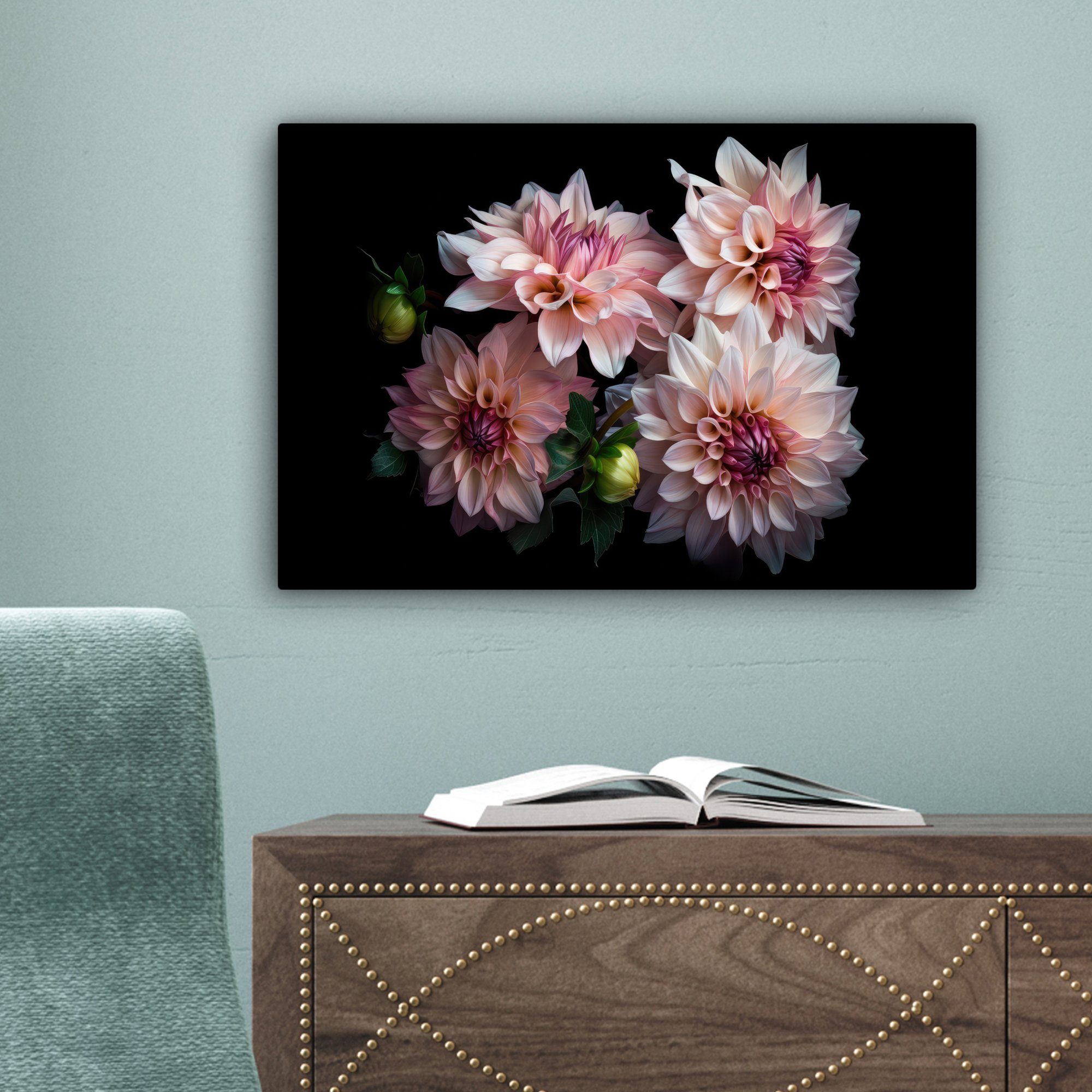 OneMillionCanvasses® Leinwandbild Dahlie - Weiß Leinwandbilder, - - cm Natur, Aufhängefertig, Wanddeko, 30x20 St), Wandbild Rosa Blumen - (1