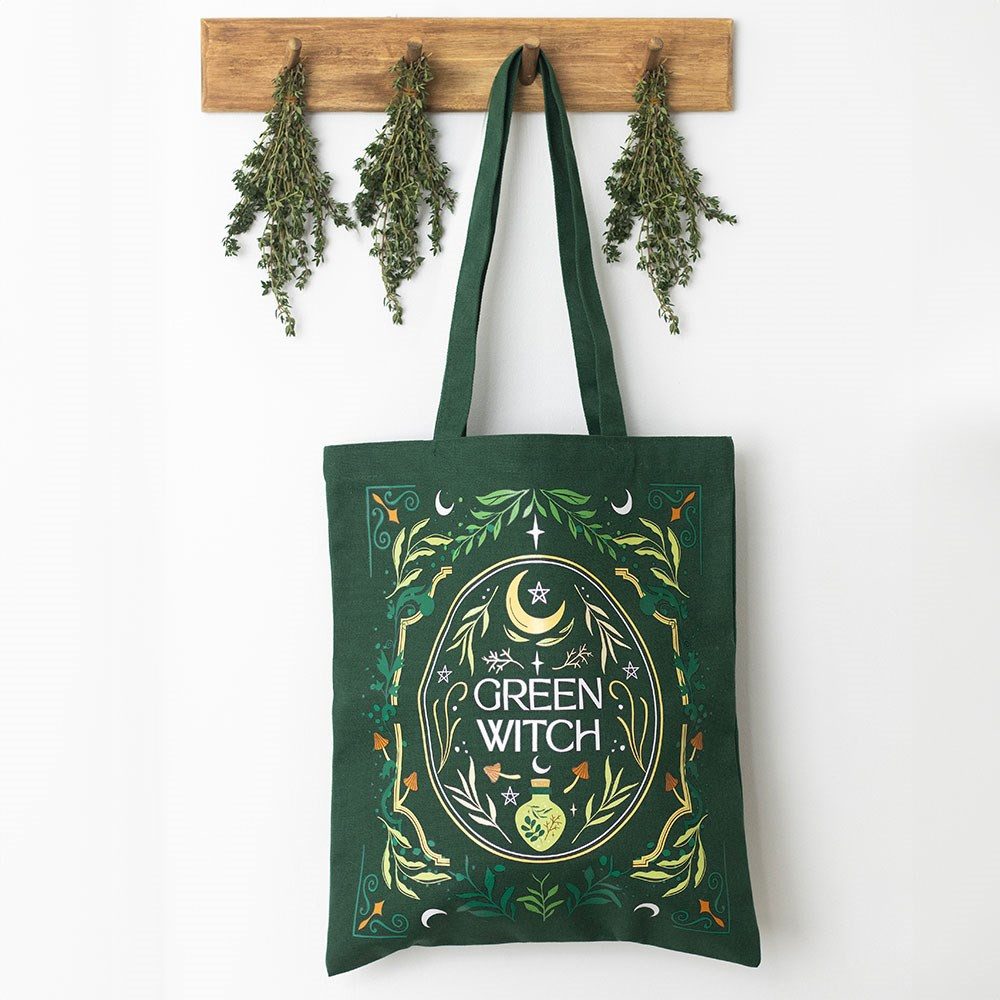 Something Different Schultertasche "Green Witch" Gothic Stofftasche in grün Witch Umhängetasche, Hochwertige Gothic Stofftasche mit botanischem Hexenmotiv